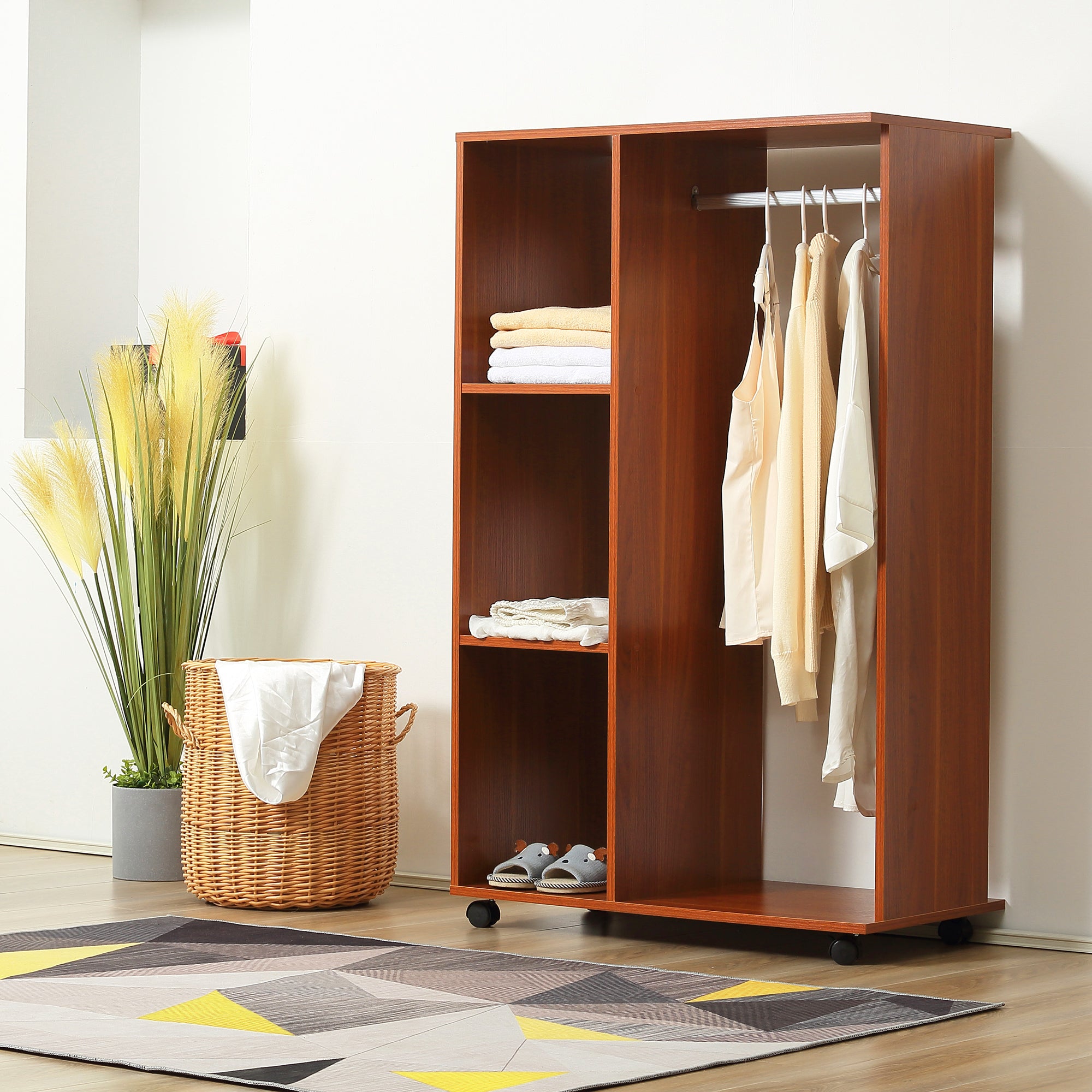 Open Wardrobe with Hanging Rail and Storage Shelves w/Wheels Bedroom-Walnut