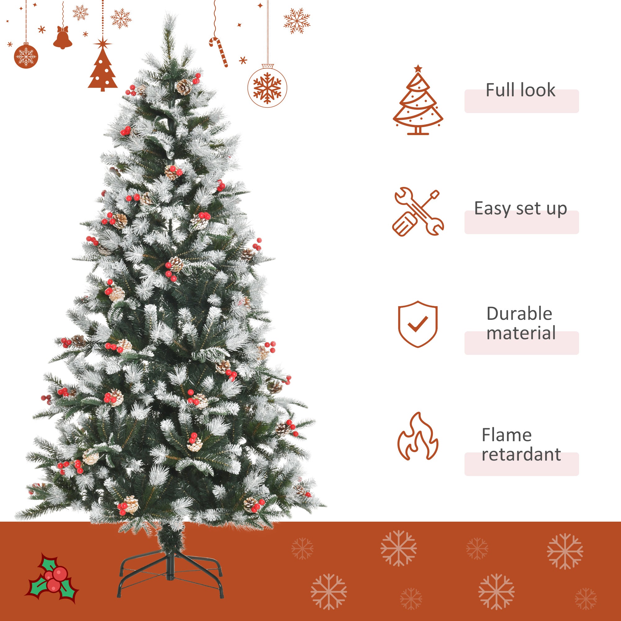 6FT Artificial Snow Dipped Christmas Tree Xmas Pencil Tree Holiday Home Party Decoration with Foldable Feet Red Berries White Pinecones, Green