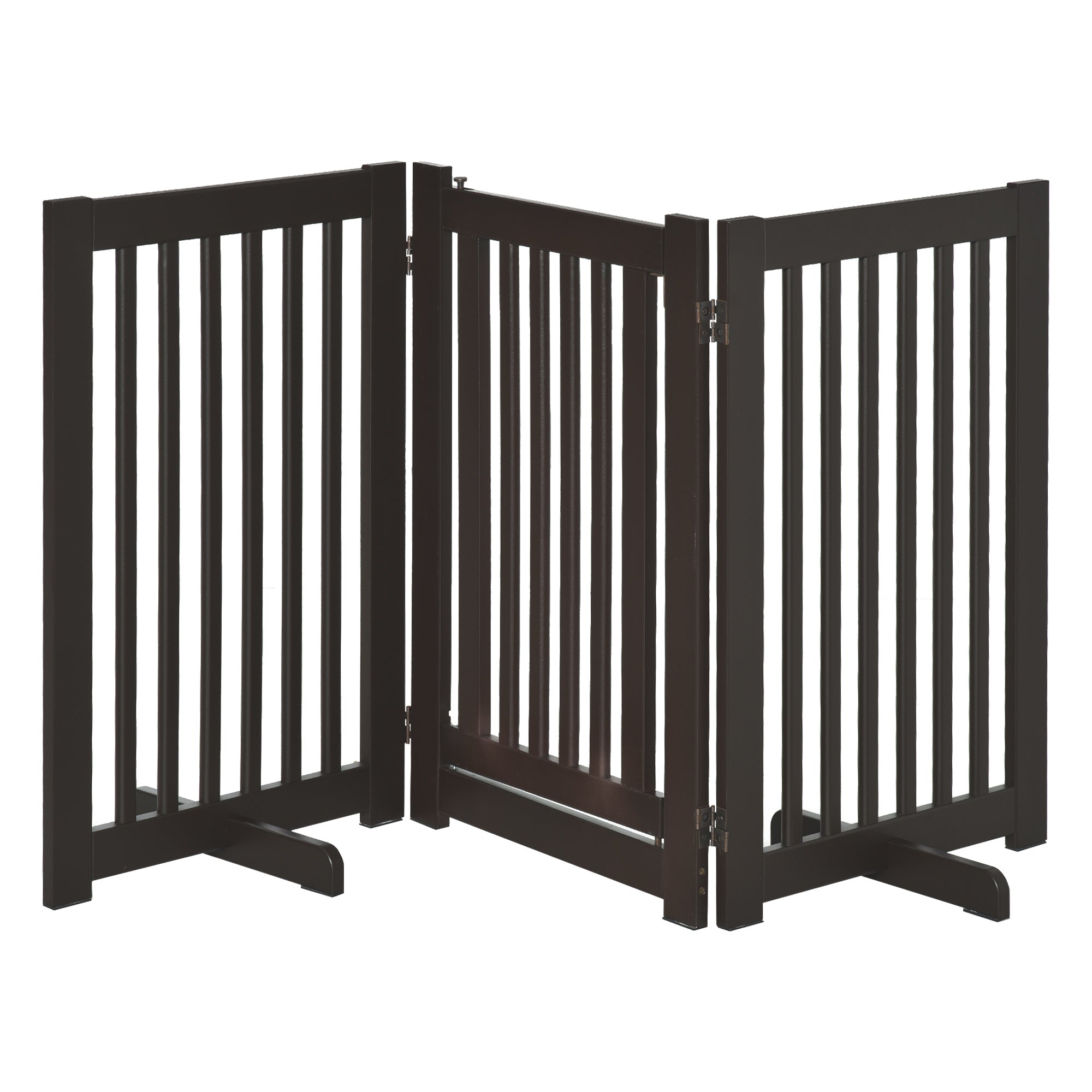 Pet Gate Freestanding Dog Gate For Stairs Wood Doorway Safety Pet Barrier Fence Foldable w/ Latch Support Feet Deep Brown, 155 x 76 cm