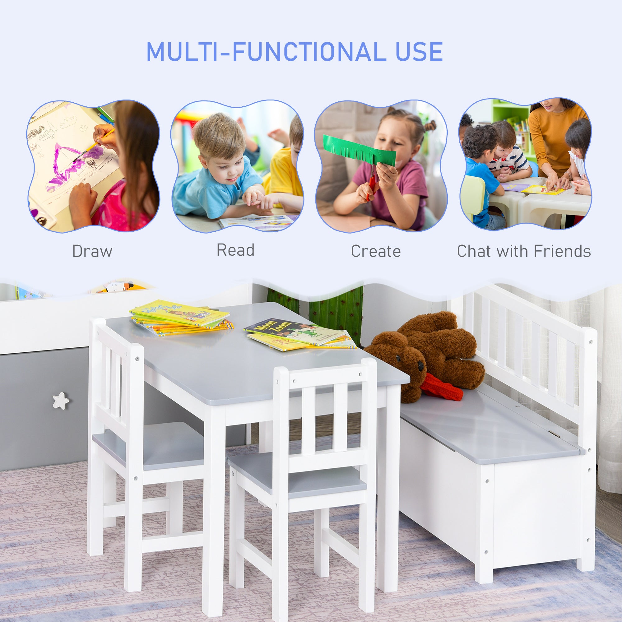 4-Piece Kids Table Set with 2 Wooden Chairs and Storage Bench - Grey/White