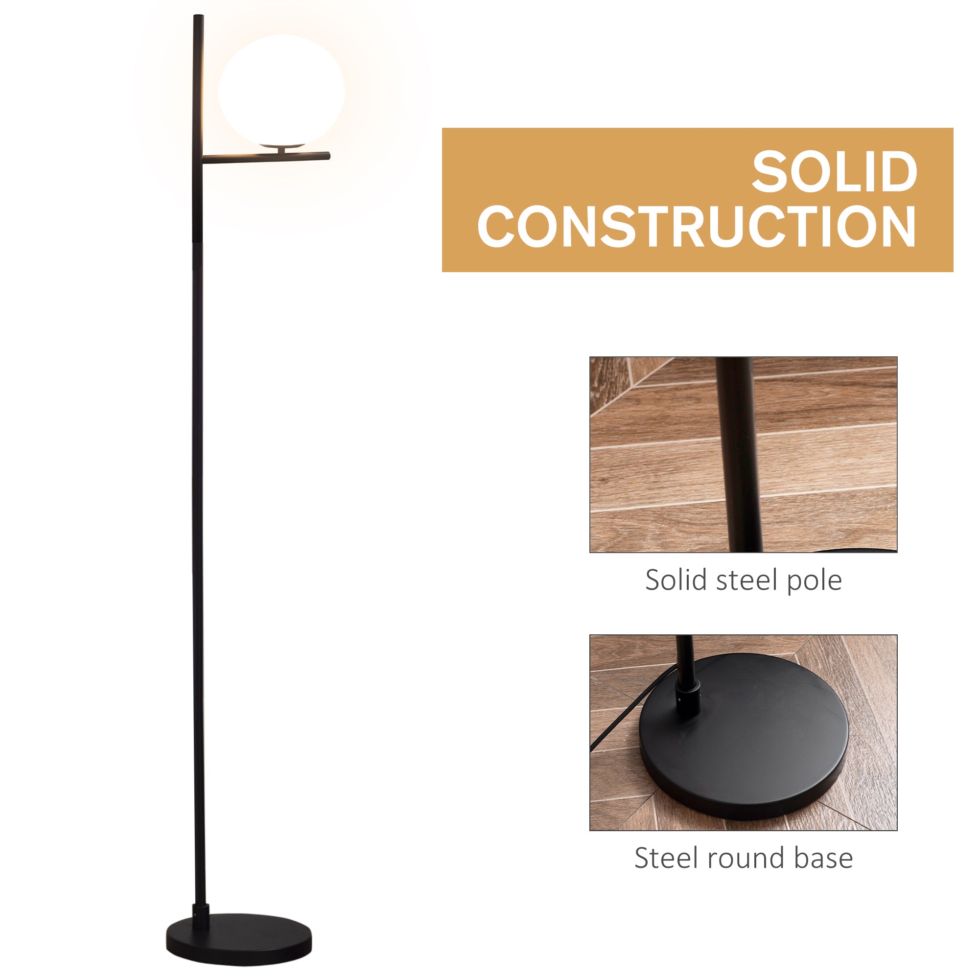 Modern Floor Lamp Metal Frame Sphere Light w/ Pedal Switch Unique Standing Beautiful Furnishing for Home Office Living Room, Black