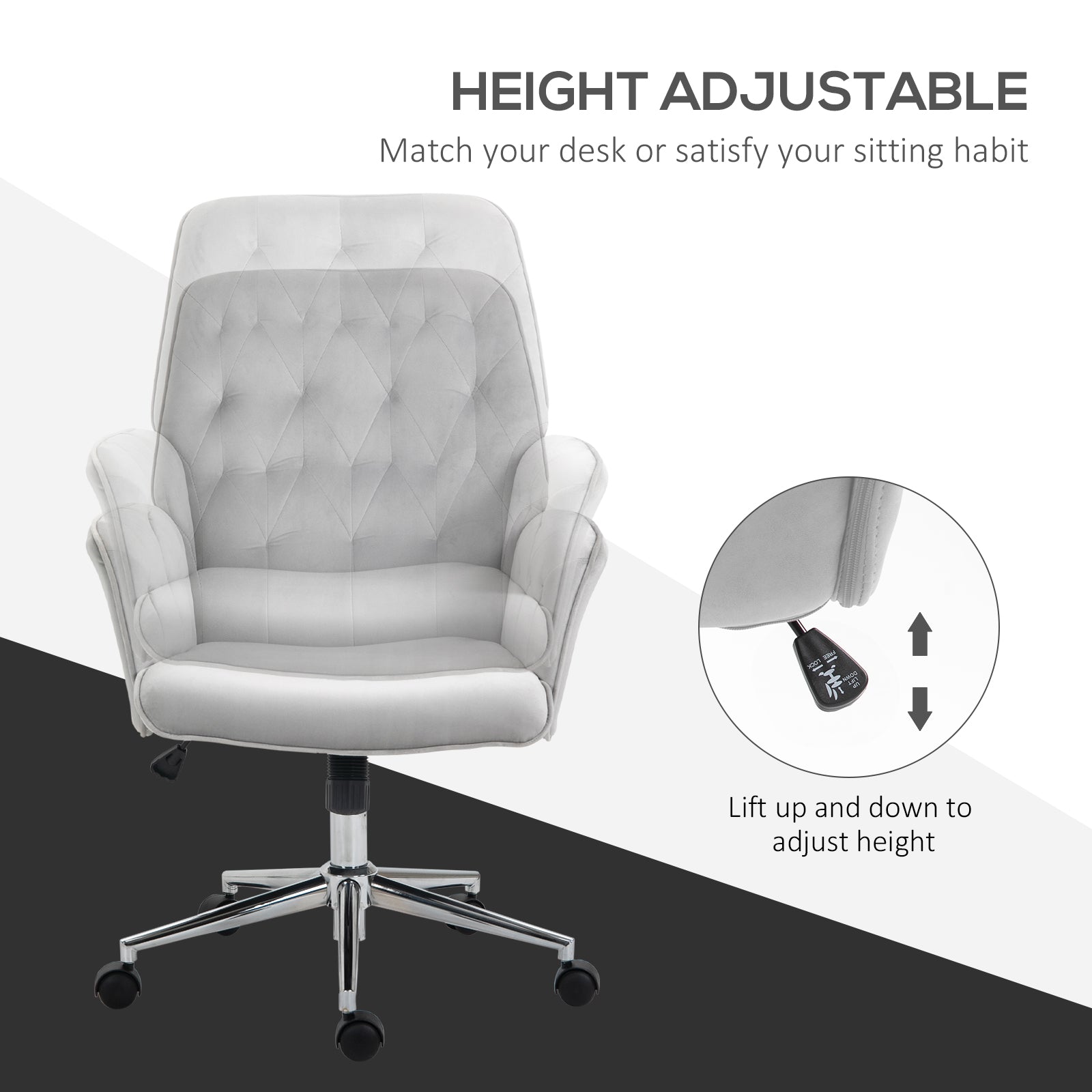 Linen Computer Chair with Armrest, Modern Swivel Chair with Adjustable Height, Light Grey