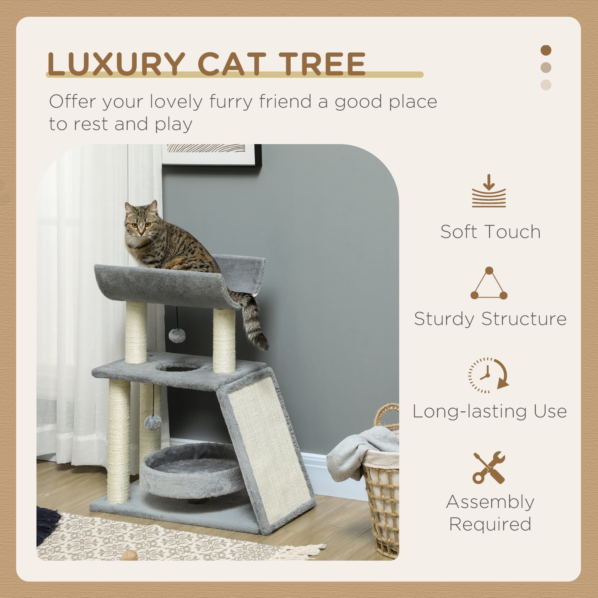 Cat Tree Tower, with Scratching Posts, Pad, Bed, Perch, Toy Ball, Light Grey