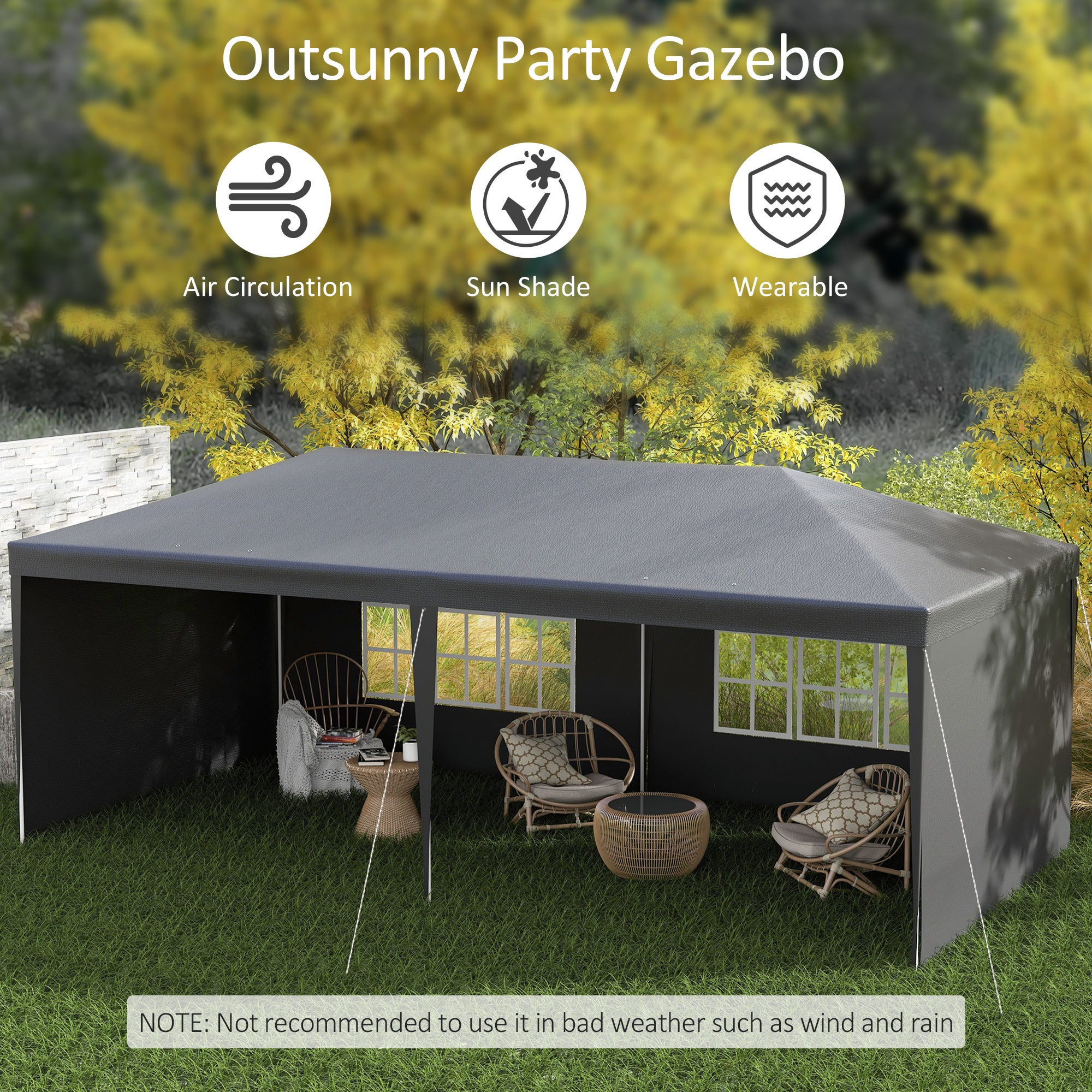 6 by 3 Metre Outdoor Party Tent Gazebo with Windows and Panels - Dark Grey