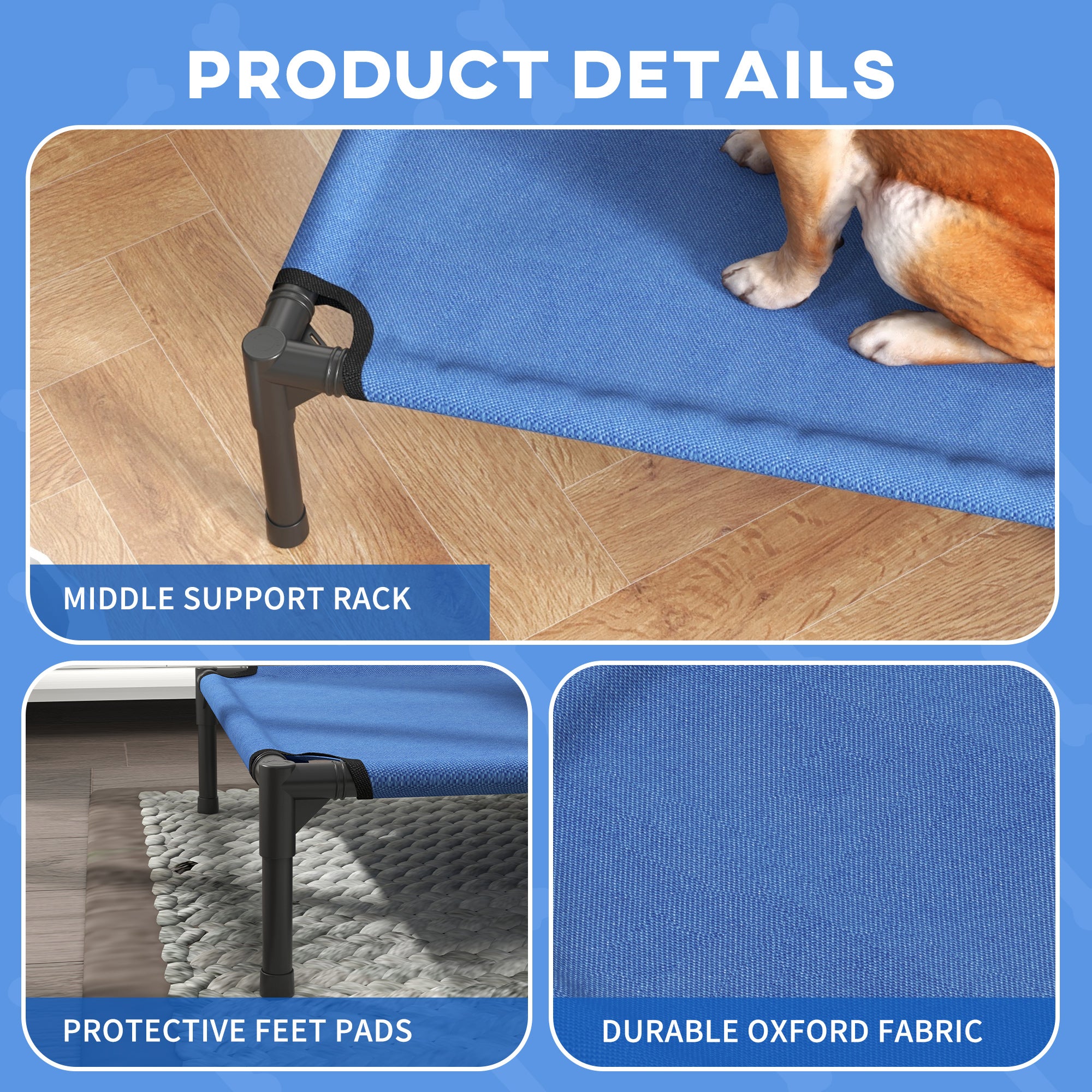 Elevated Pet Bed Portable Camping Raised Dog Bed w/ Metal Frame Blue (Medium)