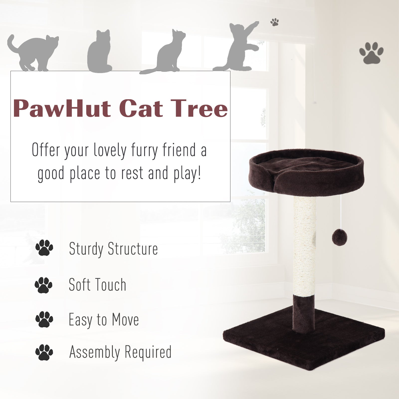 Cat Tree Scratching Post Furniture Pet Play Area Activity Center Kitten Climbers Climbing Exercise w/ Hanging Toy & Cushion-Brown