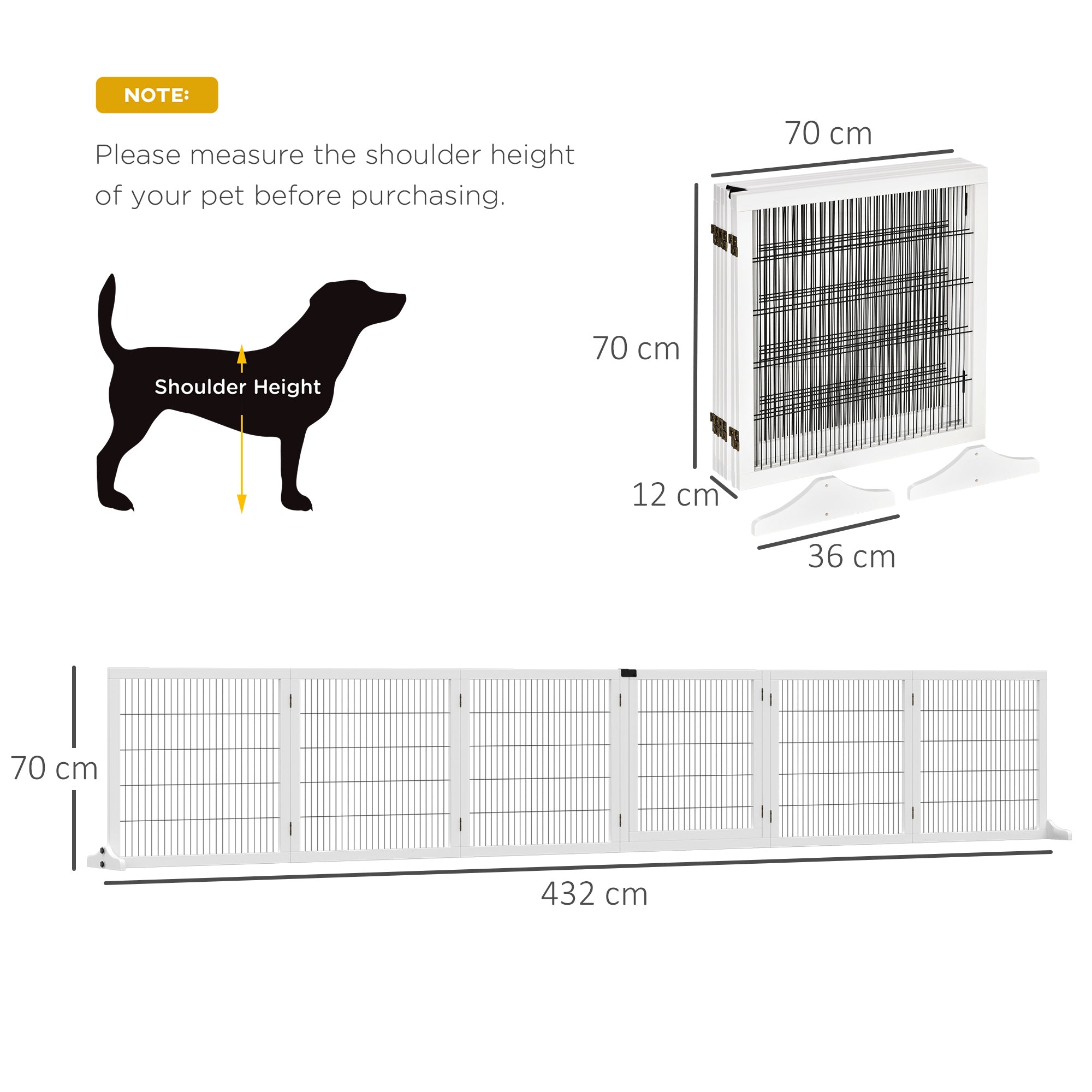 Pet Gate Wooden Dog Safety Barrier, Freestanding Foldable Fence, w/ 6 Panels, 2 Support Feet, House Doorway Stairs, Small & Medium Dogs, White