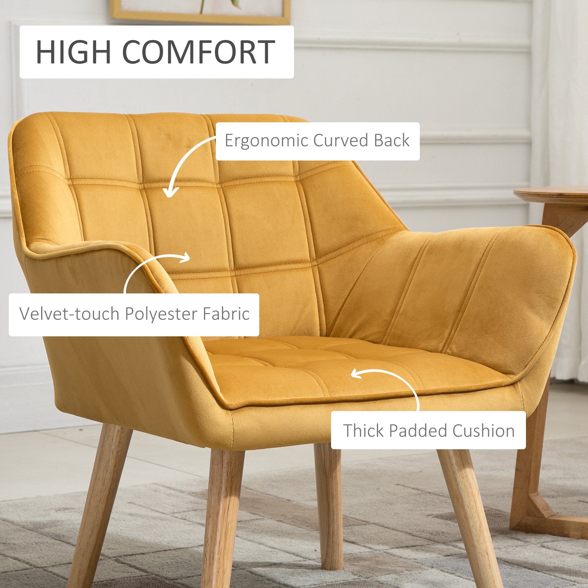 Armchair Accent Chair Wide Arms Slanted Back Padding Iron Frame Wooden Legs Home Bedroom Furniture Seating Set of 2 Yellow