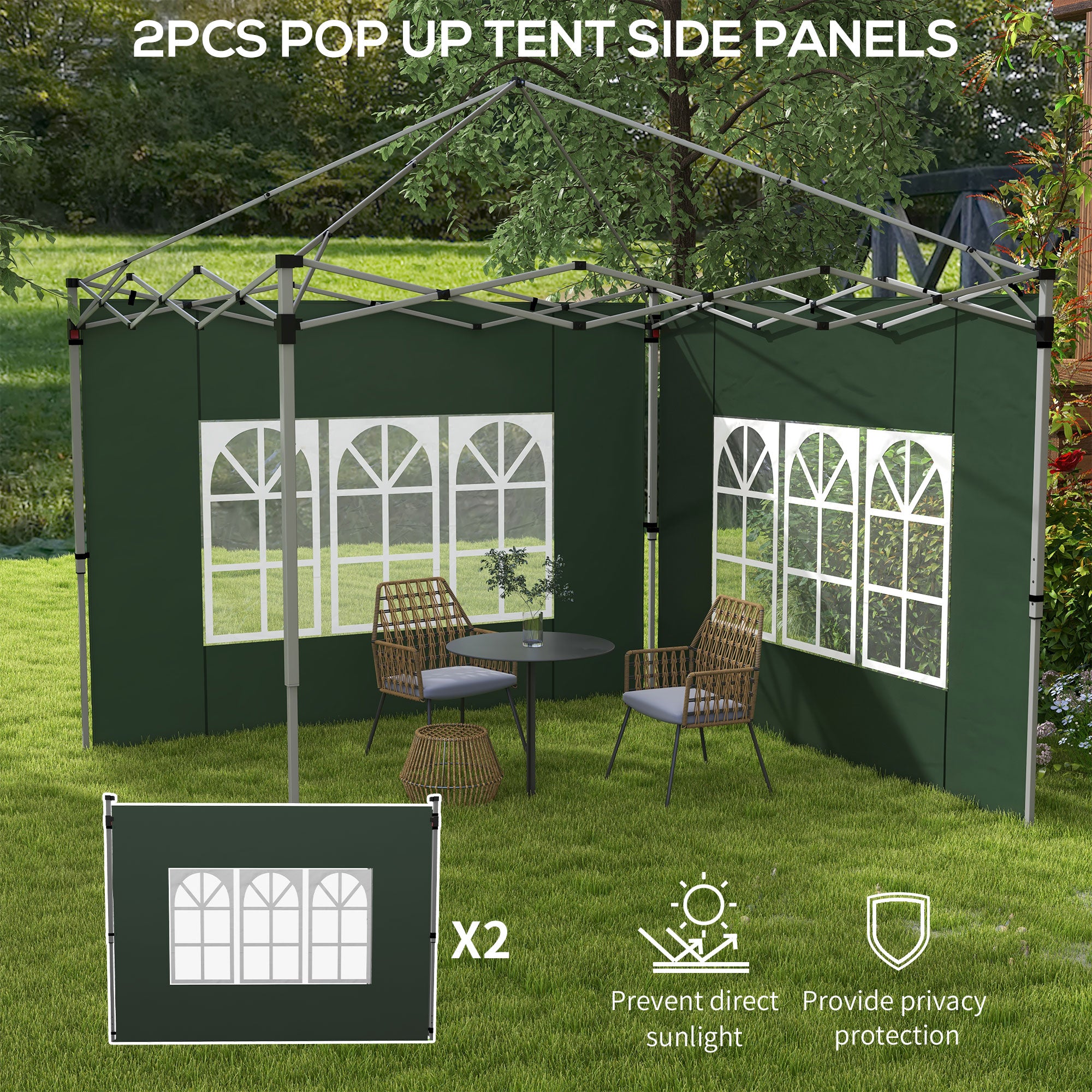 2 Pack Gazebo Side Panels with Window for 3x3 or 3x4m Canopy - Green