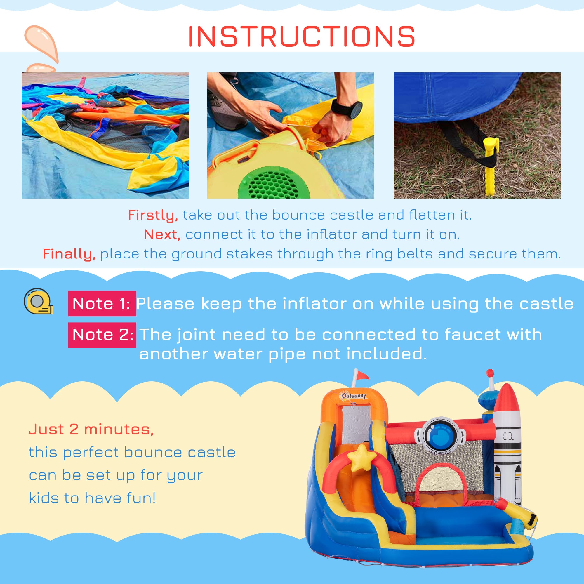 5 in 1 Kids Bounce Castle Large Water Space Style Inflatable House Slide Trampoline Pool Water Gun Climbing Wall for Kids Age 3-8