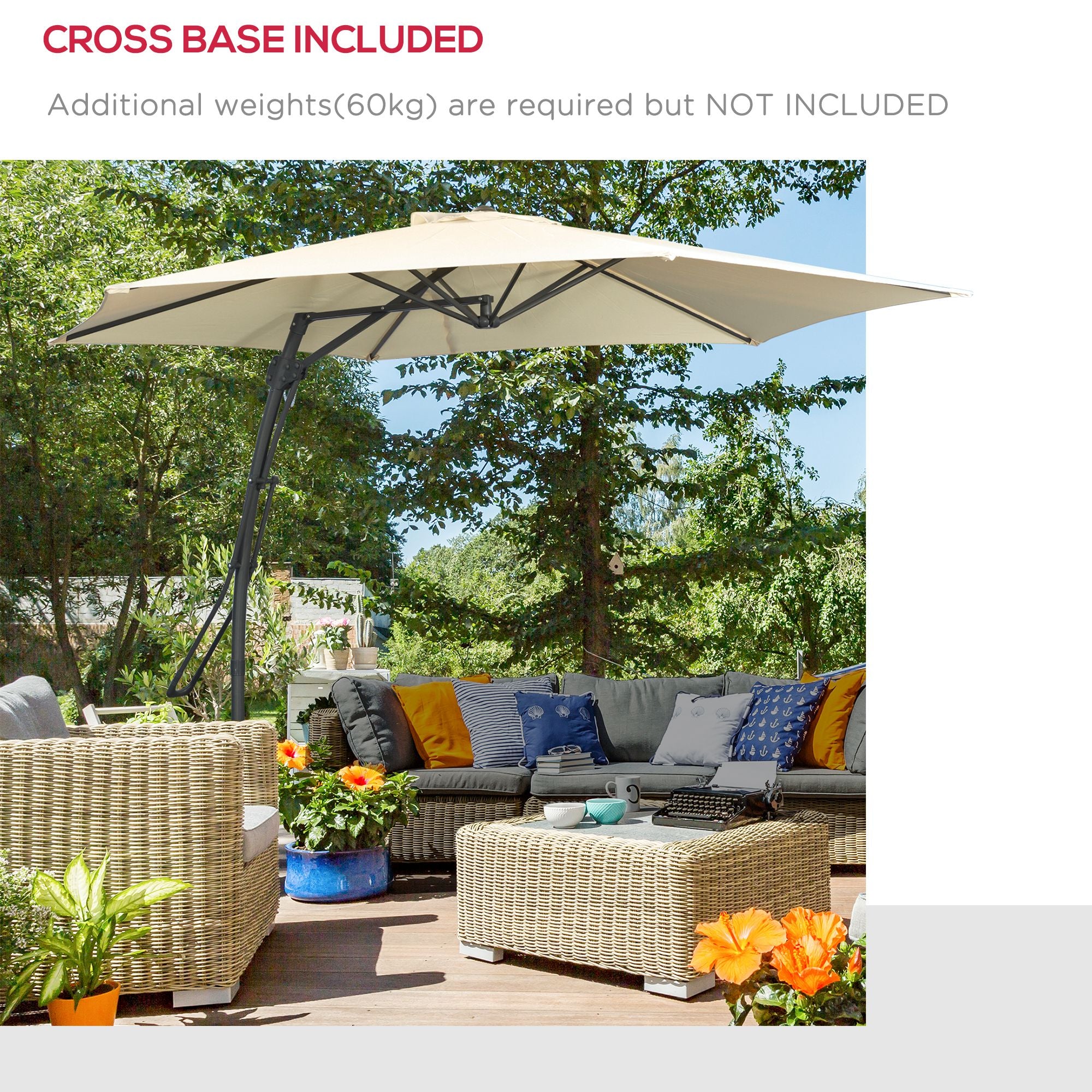3m Cantilever Patio Parasol with Easy Lever Crank, Cross Base & 6 Metal Ribs - Cream White