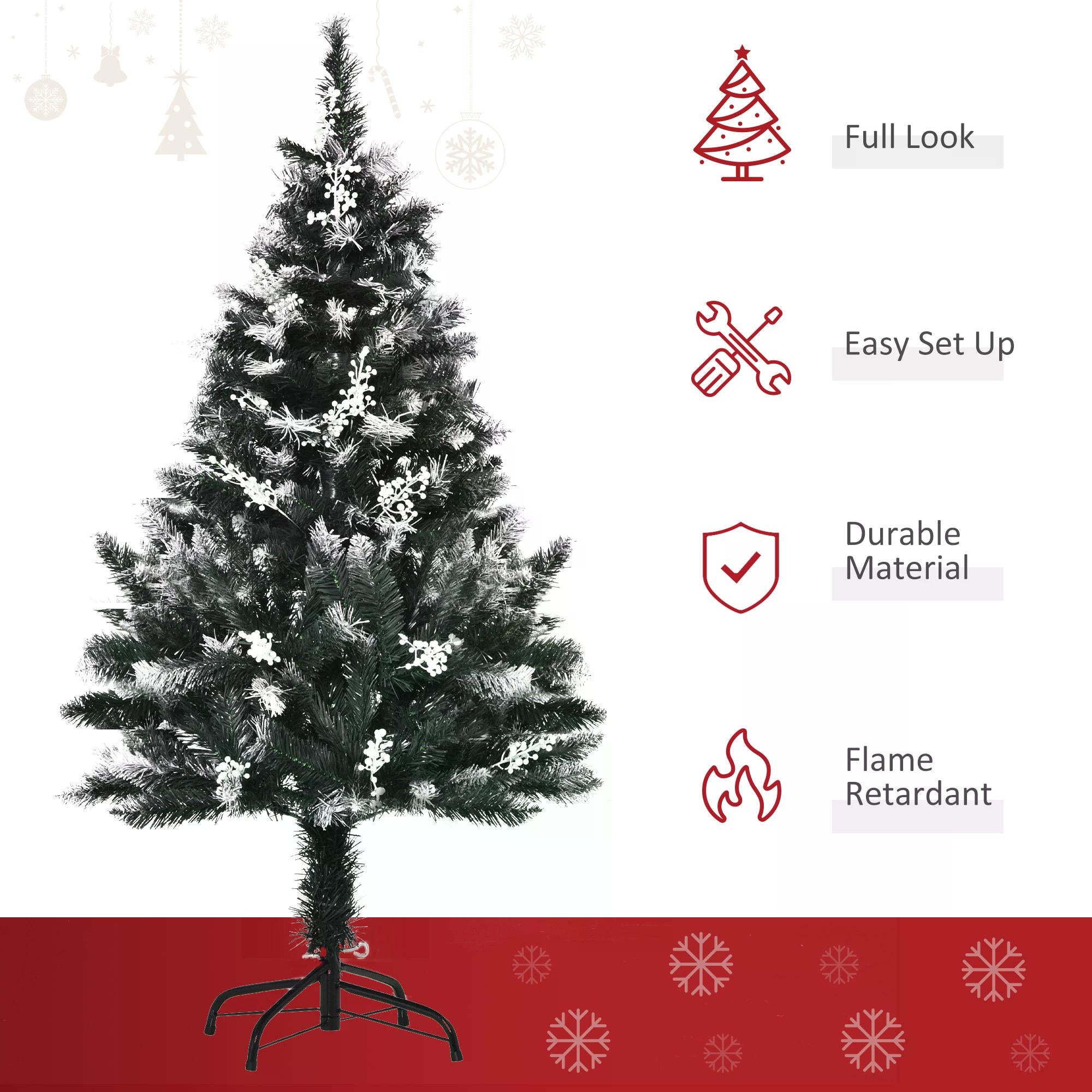 4ft Artificial Snow Dipped Christmas Tree Xmas Pencil Tree Holiday Home Indoor Decoration with Foldable Feet White Berries Dark Green