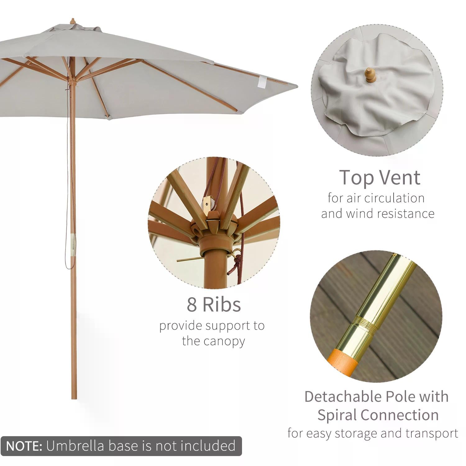 3m Fir Wooden Garden Parasol Bamboo Sun Shade Patio Umbrella Canopy - Grey