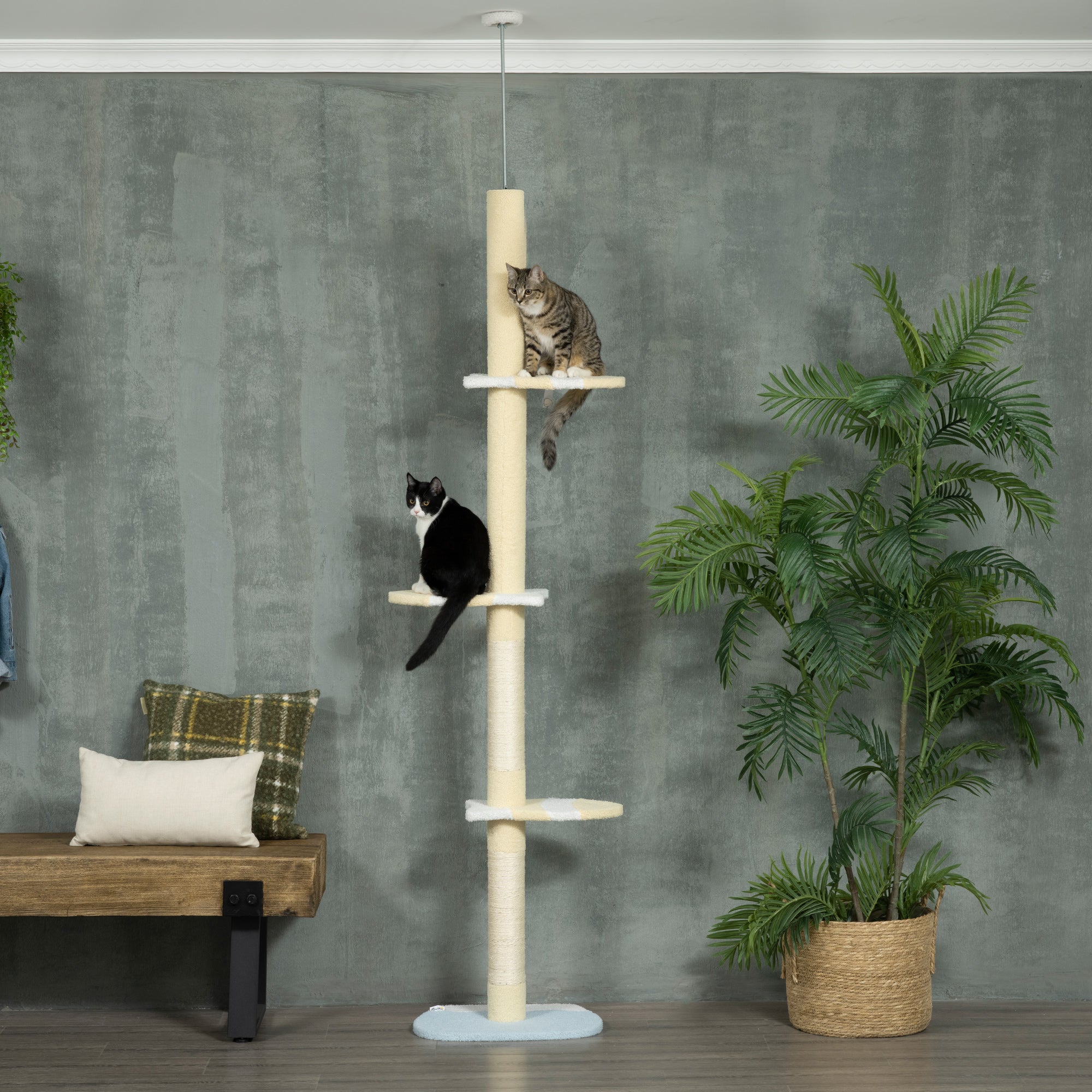 260cm Cat Tower Cat Tree, Floor to Ceiling, Height Adjustable with Anti-slip Kit and Fish-shaped Scratching Post Ball, Yellow