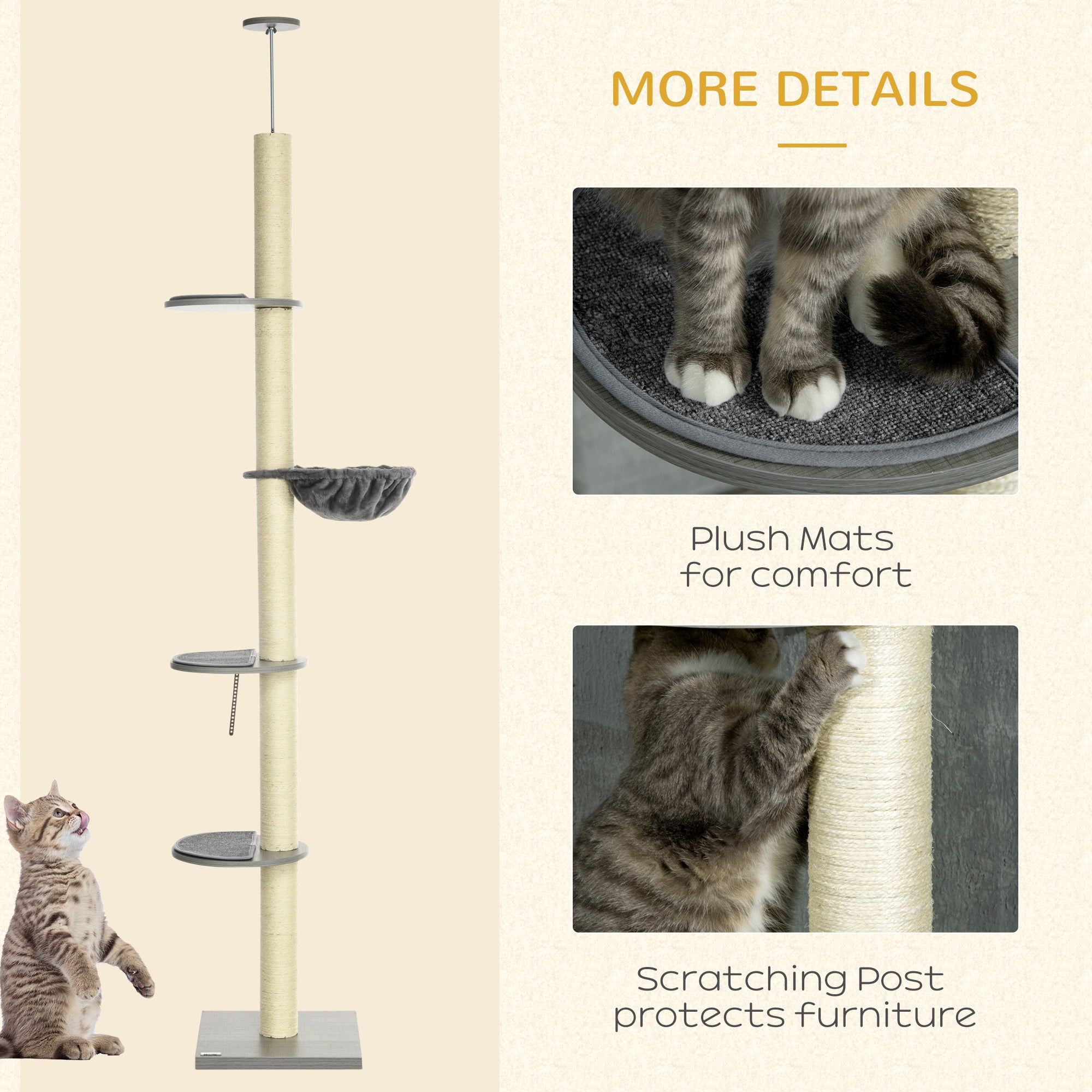 250cm Floor to Ceiling Cat Tree with Hammock, Scratching Post