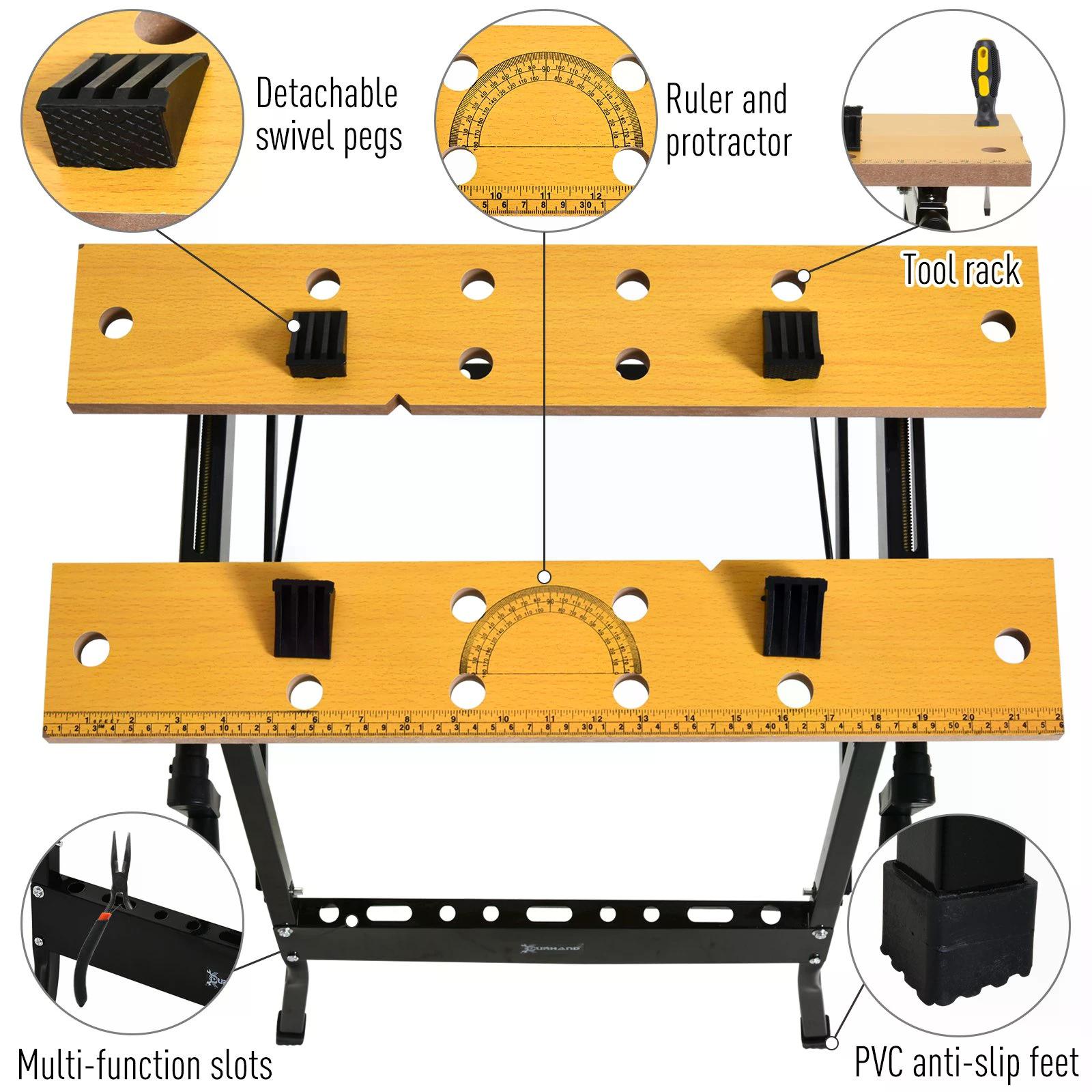 4-in-1 Work Bench, Saw Horse Folding Clamp Table w/ 4 Adjustable Clamping Pegs for DIY Home Garage, Black