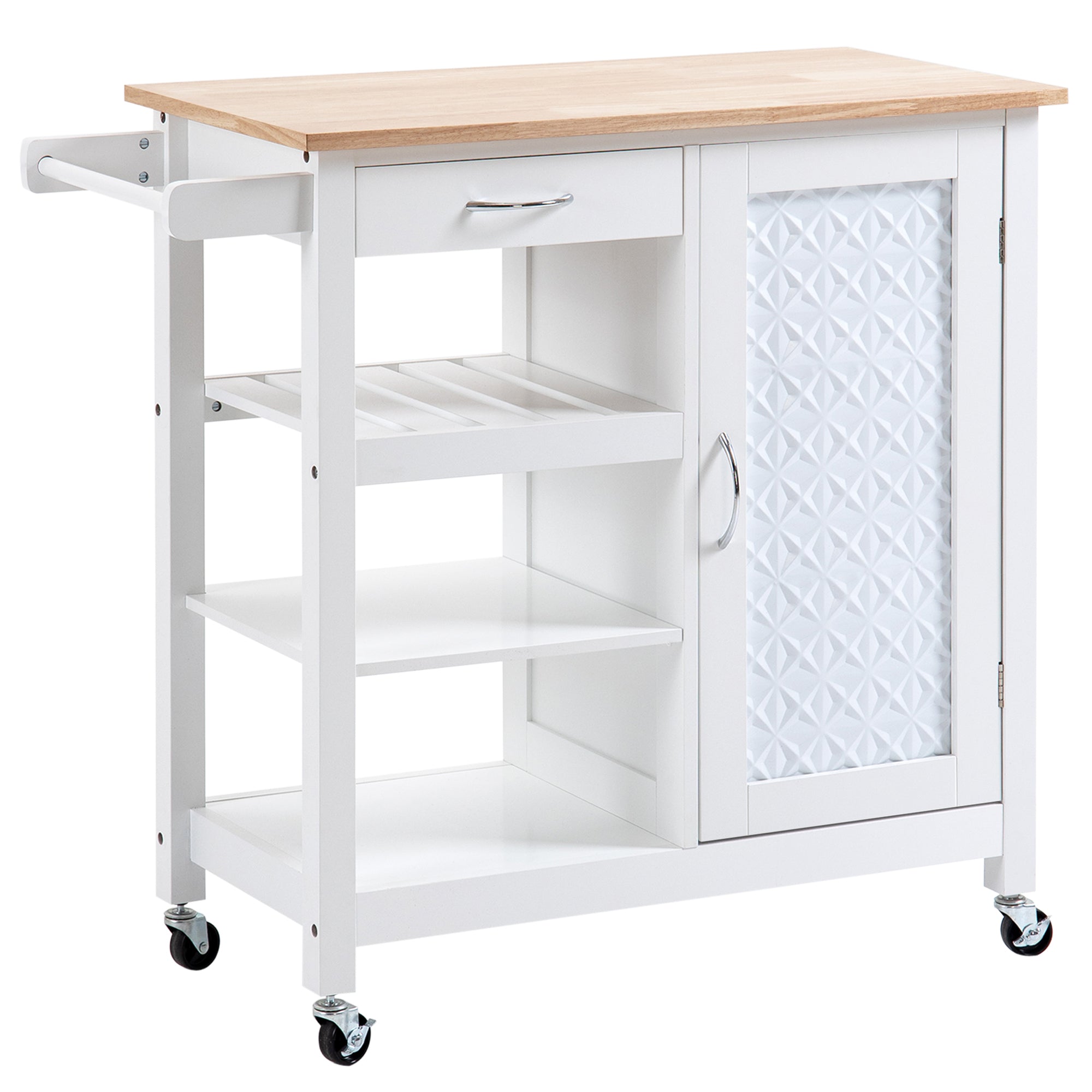 Kitchen Cart on Wheels with Embossed Door Panel, Utility Kitchen Island with Storage Drawer, White