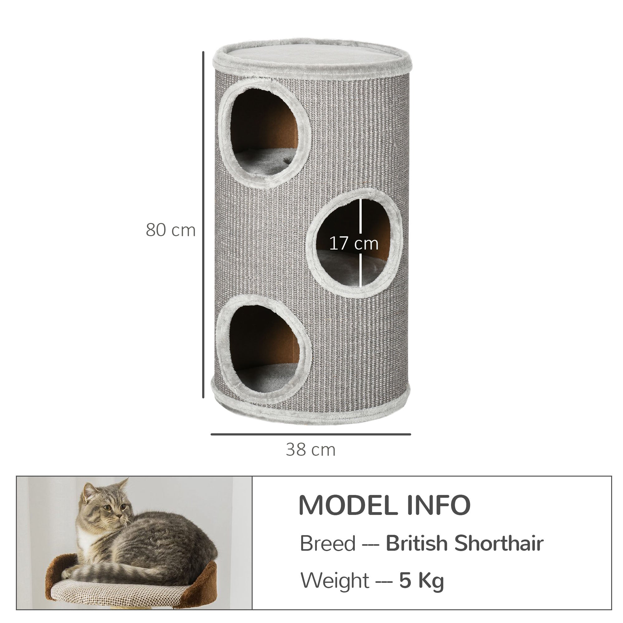 Cat Barrel Kitten Tree Tower for Indoor Cats, Cat Climbing Frame Covered with Sisal, Cosy Platform - Light Grey