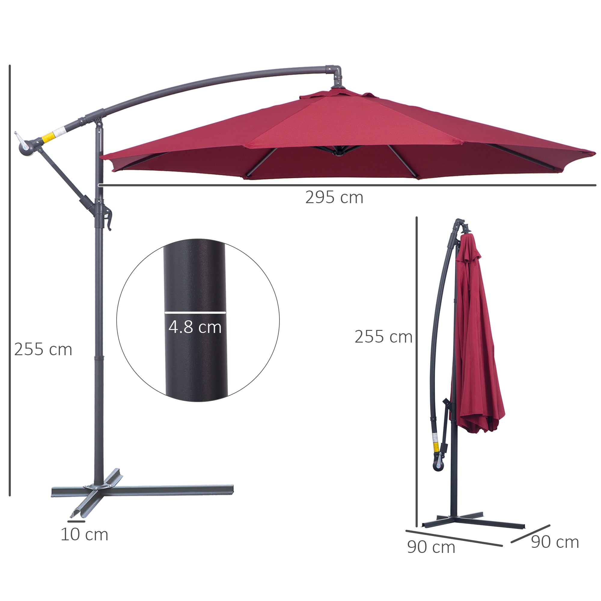 3(m) Garden Banana Parasol Hanging Cantilever Umbrella with Crank Handle and Cross Base for Outdoor, Sun Shade, Wine Red