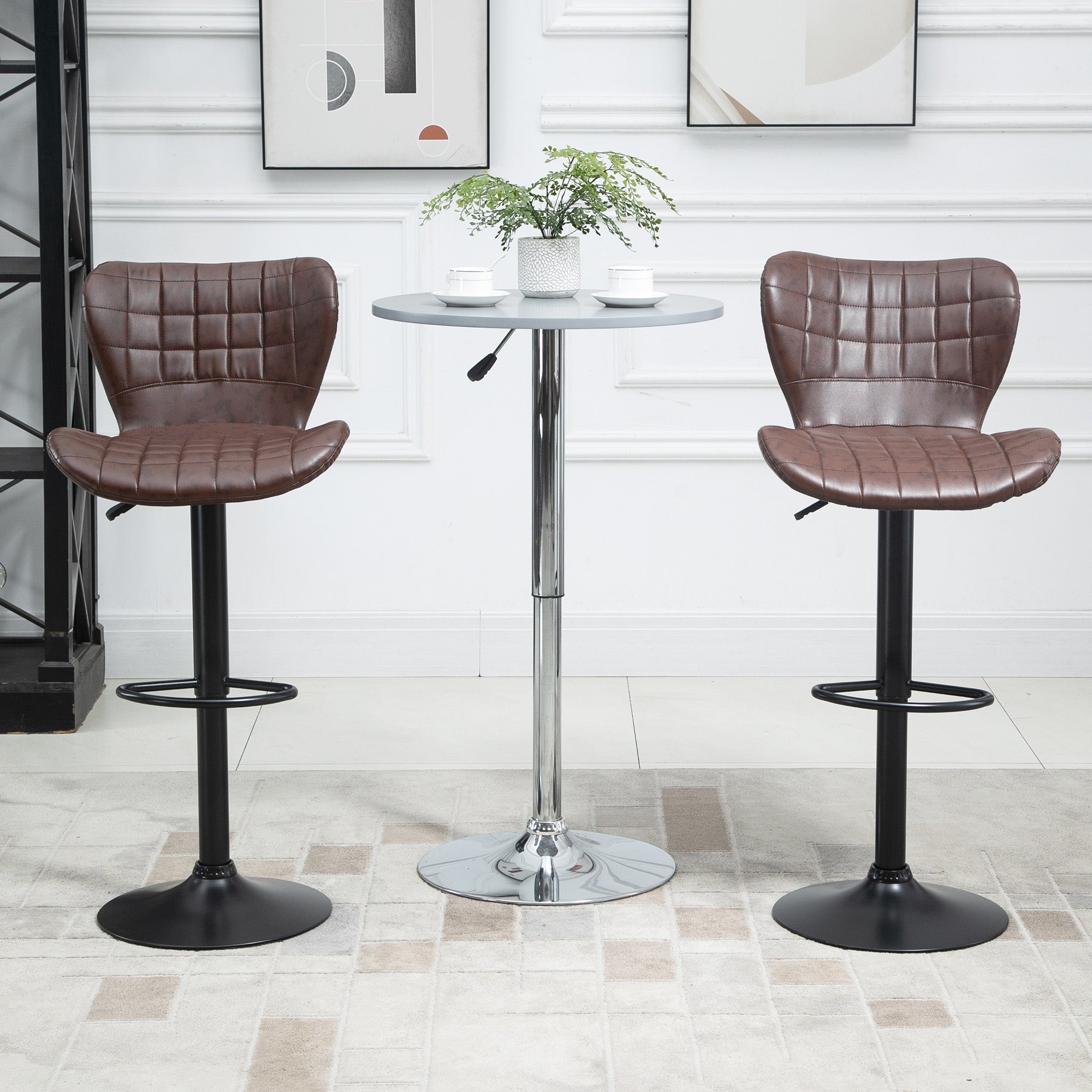 Bar Stools Set of 2 Adjustable Height Swivel Bar Chairs in PU Leather with Backrest & Footrest, Brown