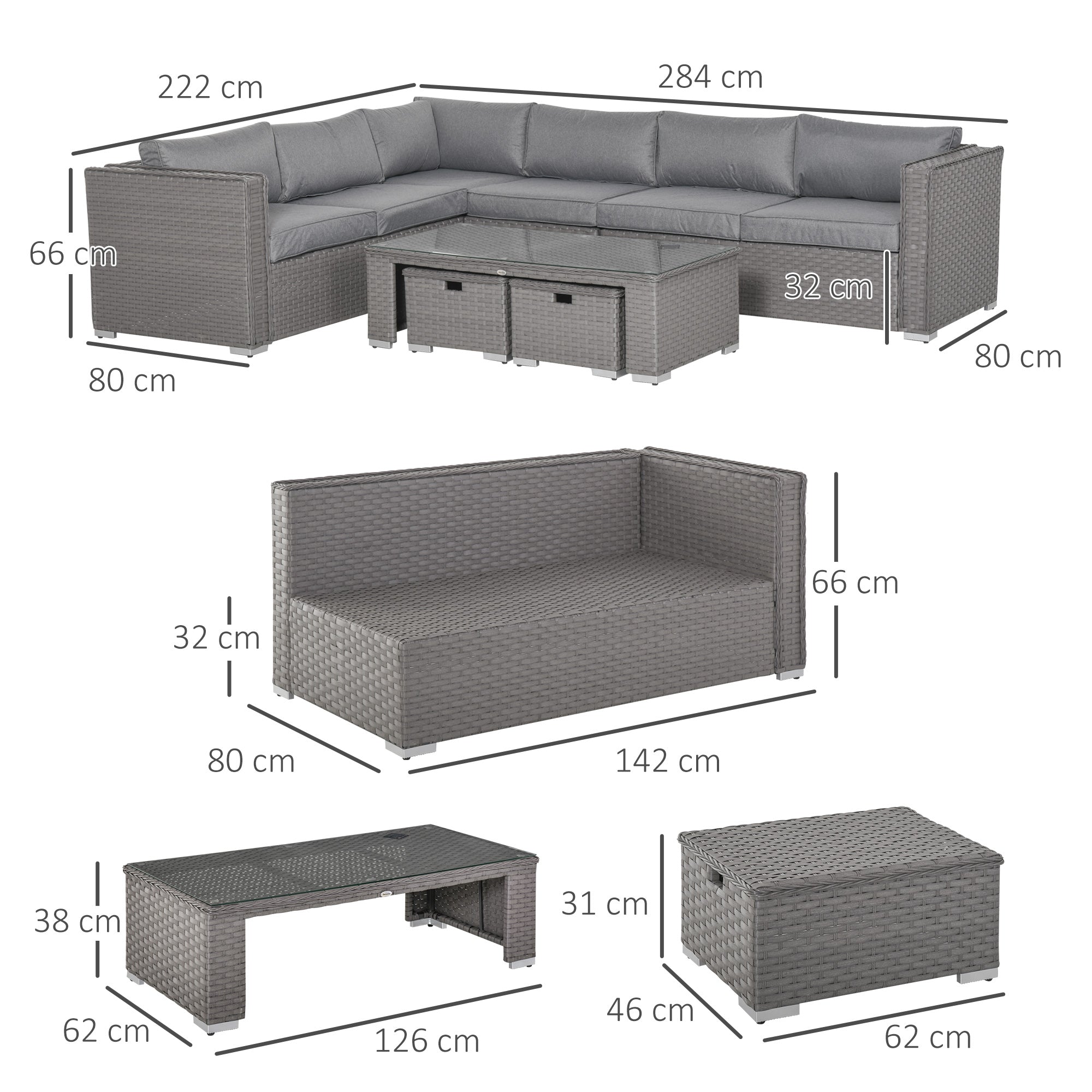 8-Seater PE Rattan Garden Corner Sofa Set Outdoor Wicker Conservatory Furniture Coffee Table Footstool, Grey