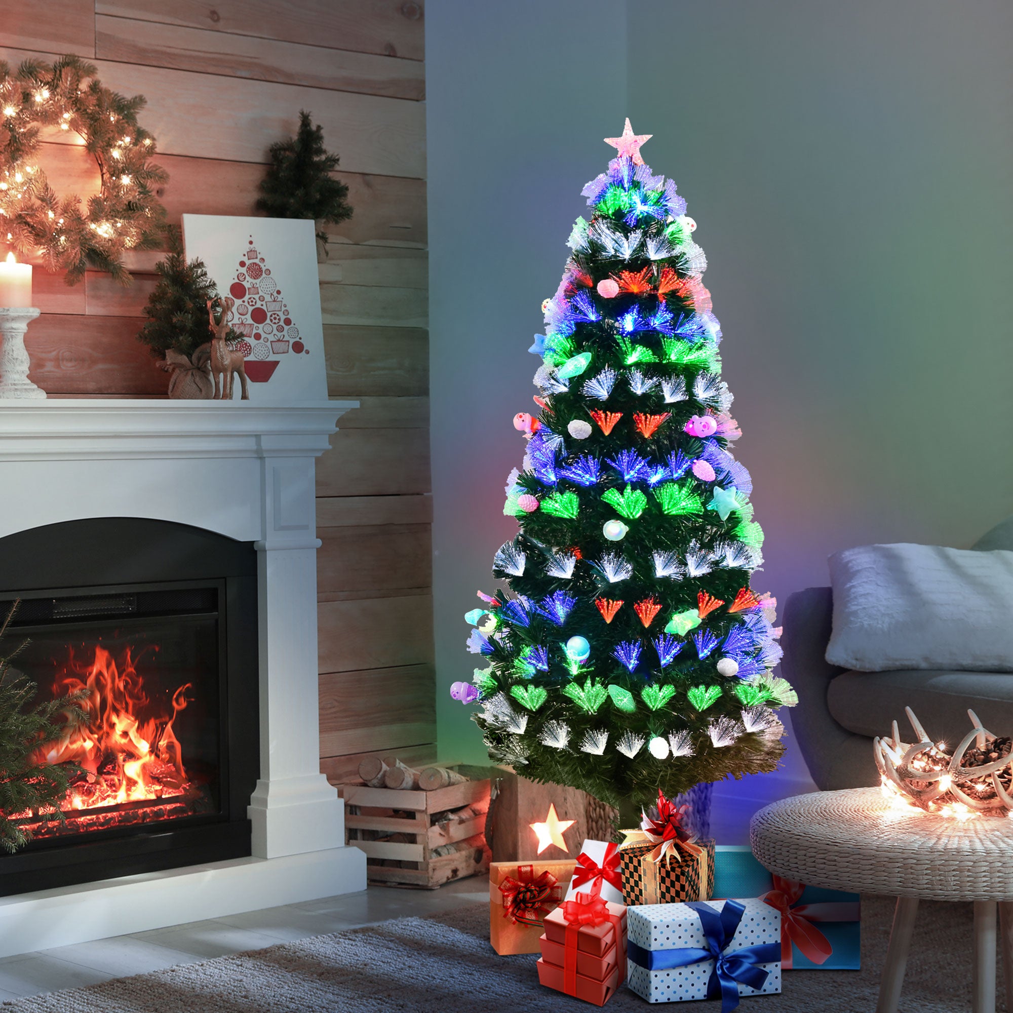 6FT Pre-Lit Artificial Christmas Tree w/ Fibre Optic Baubles Fitted Star LED Light Holiday Home Xmas Decoration-Green