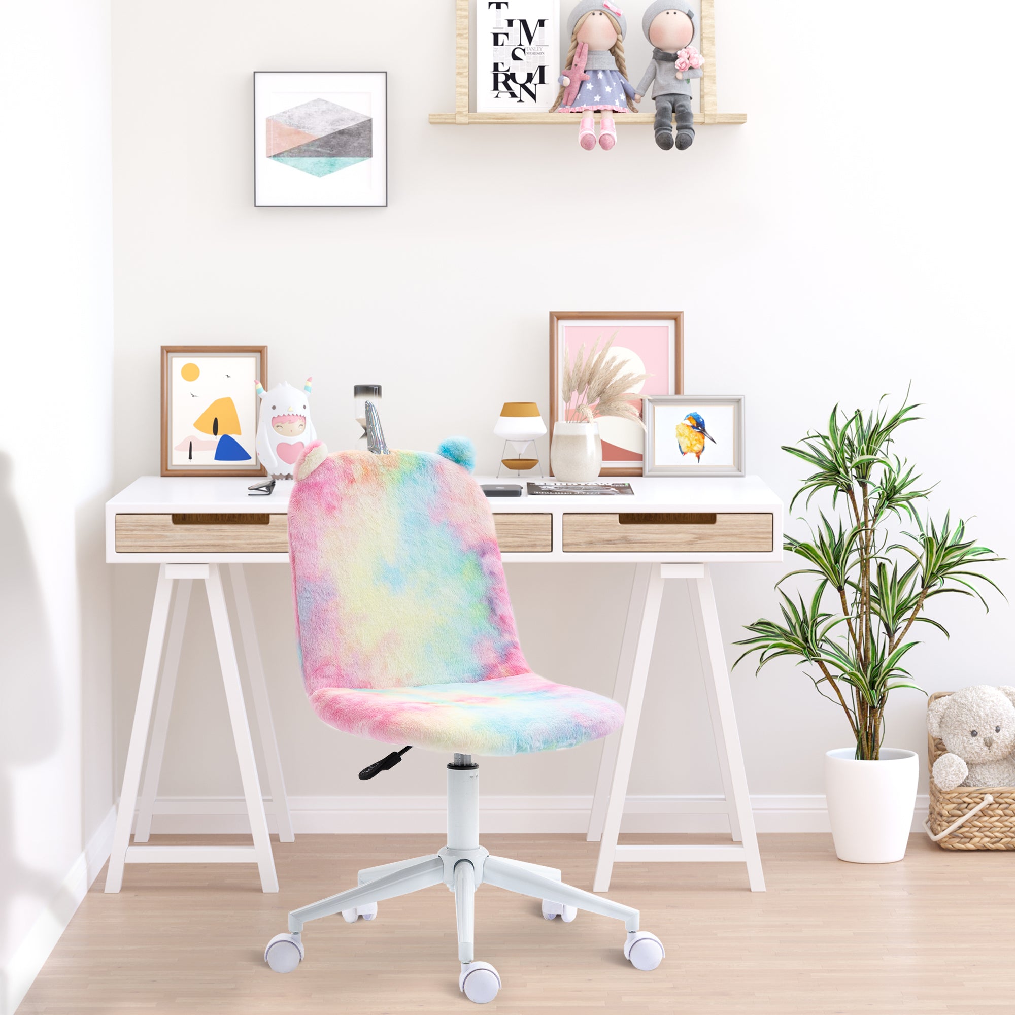 Fluffy Unicorn Office Chair with Mid-Back and Swivel Wheel, Cute Desk Chair, Rainbow Multi-Colored