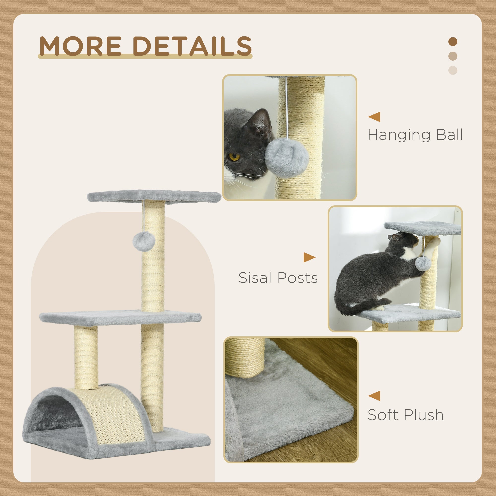 72cm Cat Tree Tower for Indoor Cats, Multi-level Climbing Activity Centre with Sisal Scratching Post, Pad, Hanging Ball, Toy, Light Grey