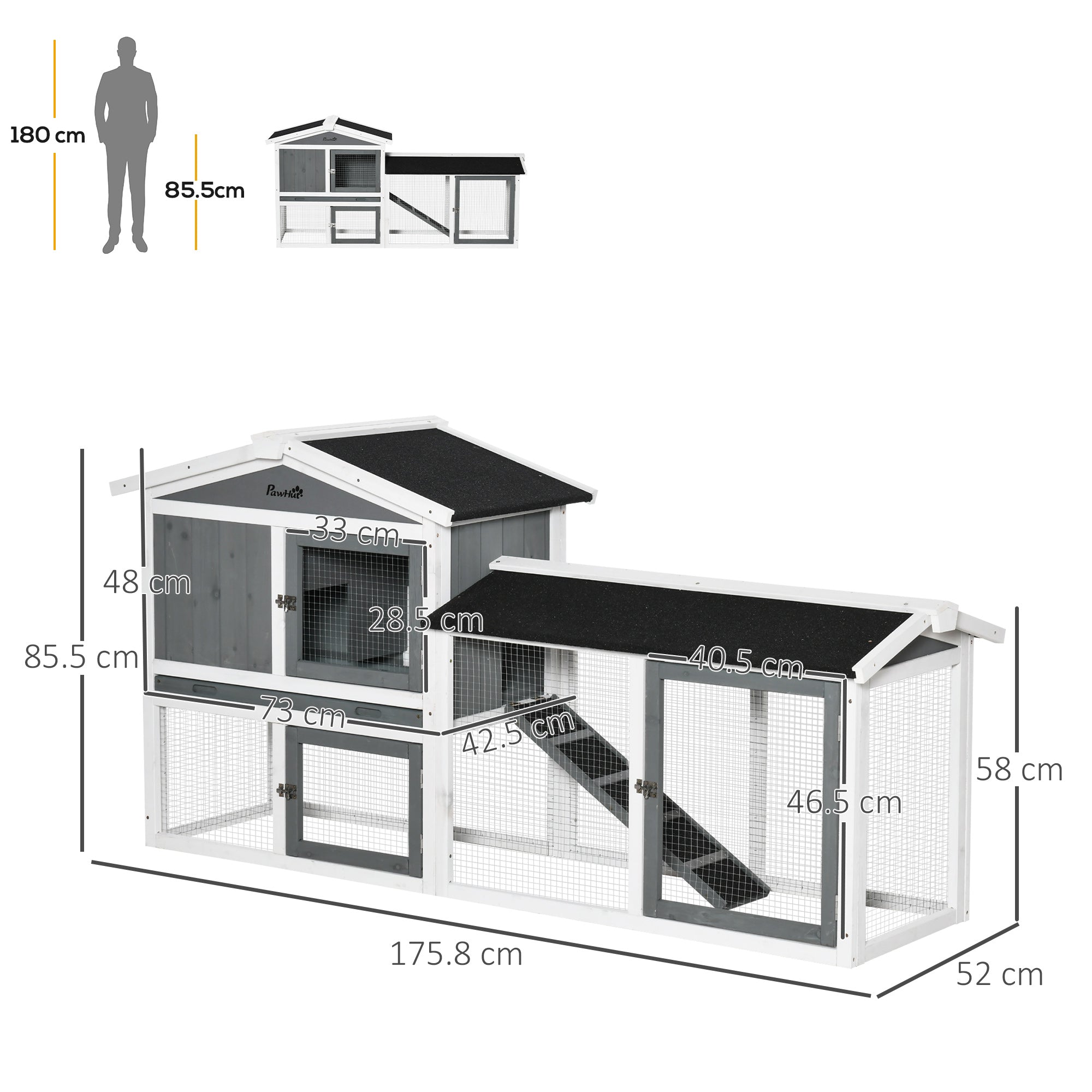 2 Tier Wooden Rabbit Hutch, Guinea Pig Cage, Bunny Run, Small Animal House with Run Box, Slide-out Tray, 175.8 x 52 x 85.5cm, White