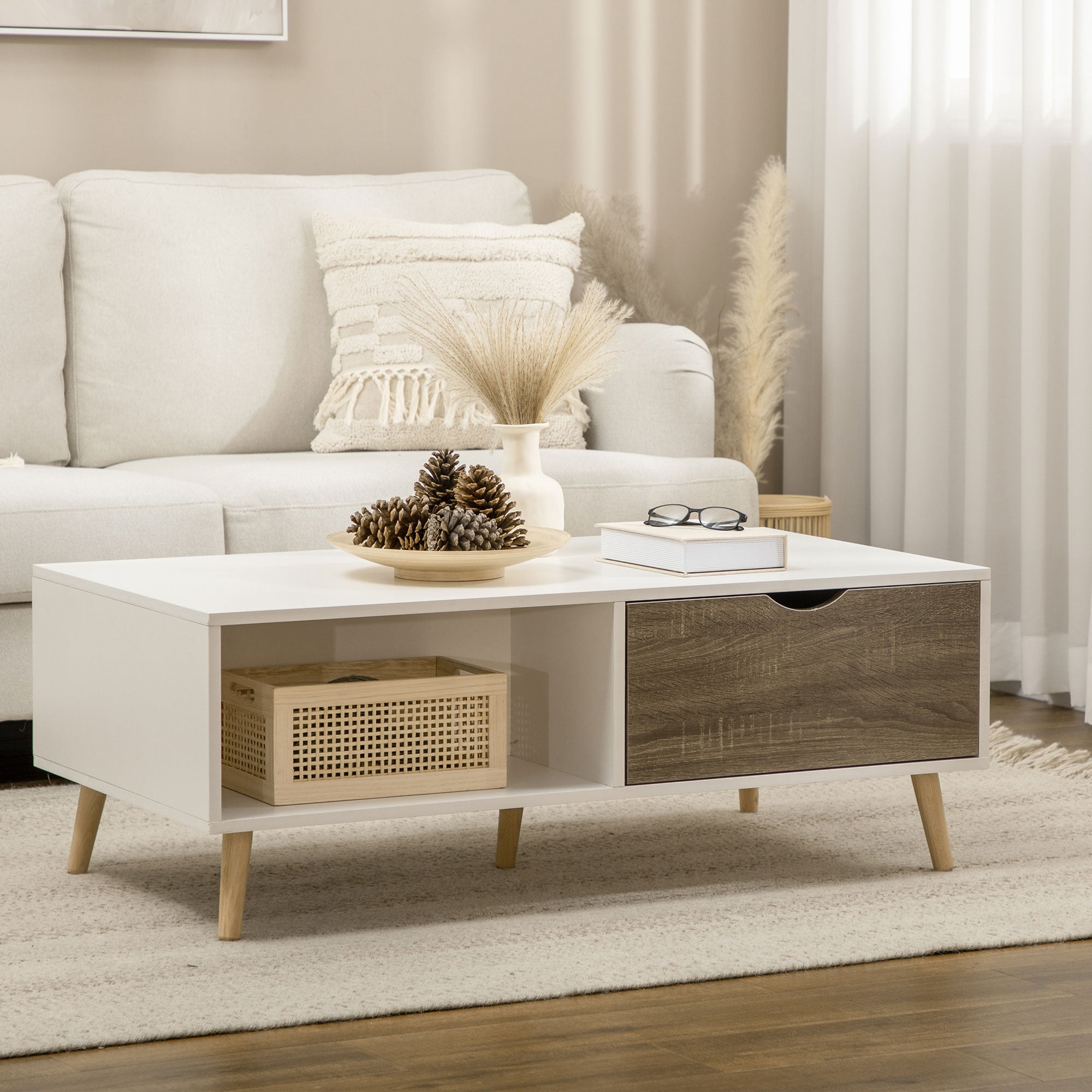 Coffee Table, Modern Tea Table with Open Storage Shelves, Two Drawers and Solid Wood Legs, Coffee Tables for Living Room, Bed Room, White