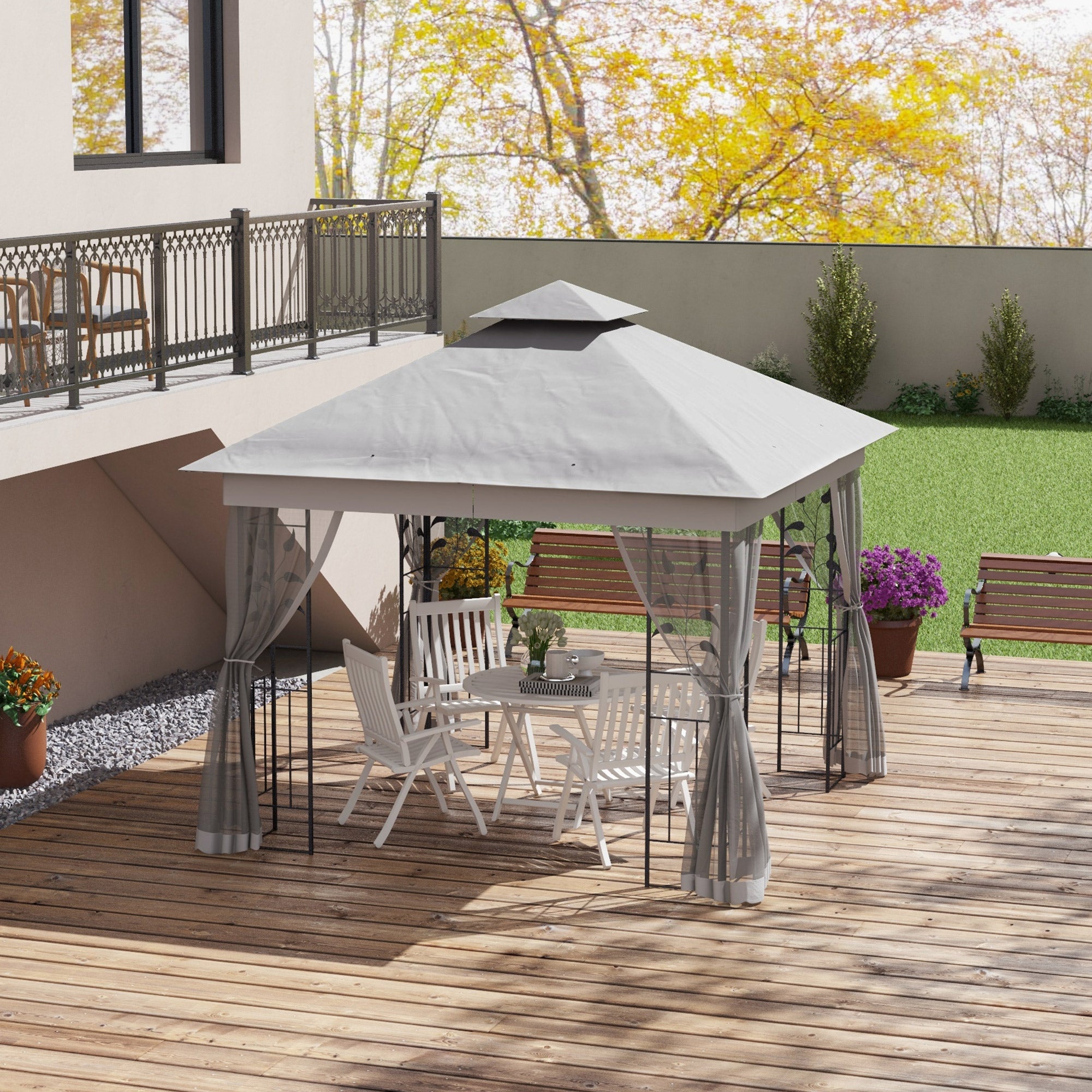 3(m) x 3(m) Double Roof Outdoor Garden Gazebo Canopy Shelter with Netting, Solid Steel Frame, Light Grey