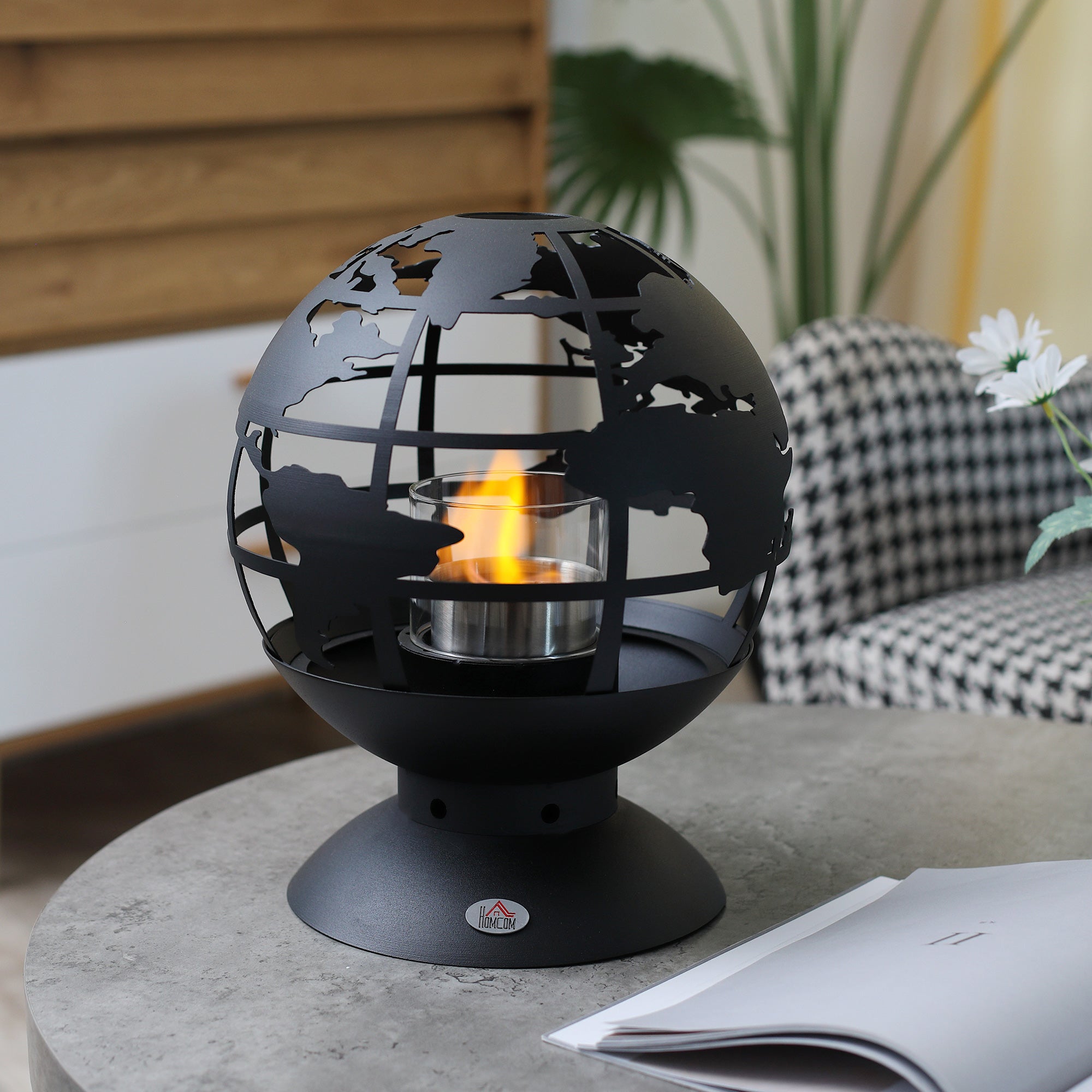 Globe Shape Tabletop Fireplace, Portable Metal Bioethanol Fireplace with Lid and 0.4L Tank, 1.5 Hour Burning Time for Liquid Alcohol, Black