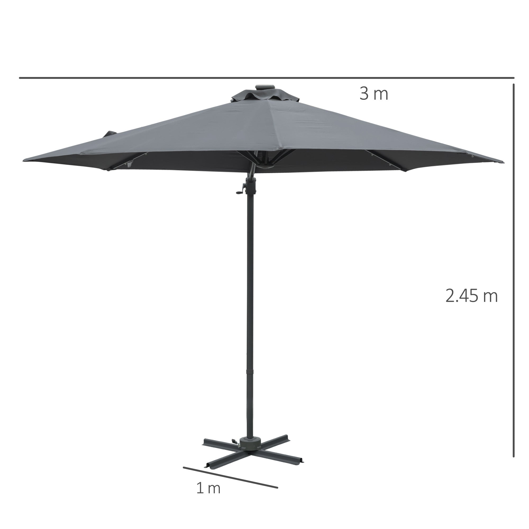 3(m) Square Outdoor Umbrella Patio Sun Umbrella with Crank & Tilt LED Solar Light Cross Base 360° Rotating Outdoor, Dark Grey