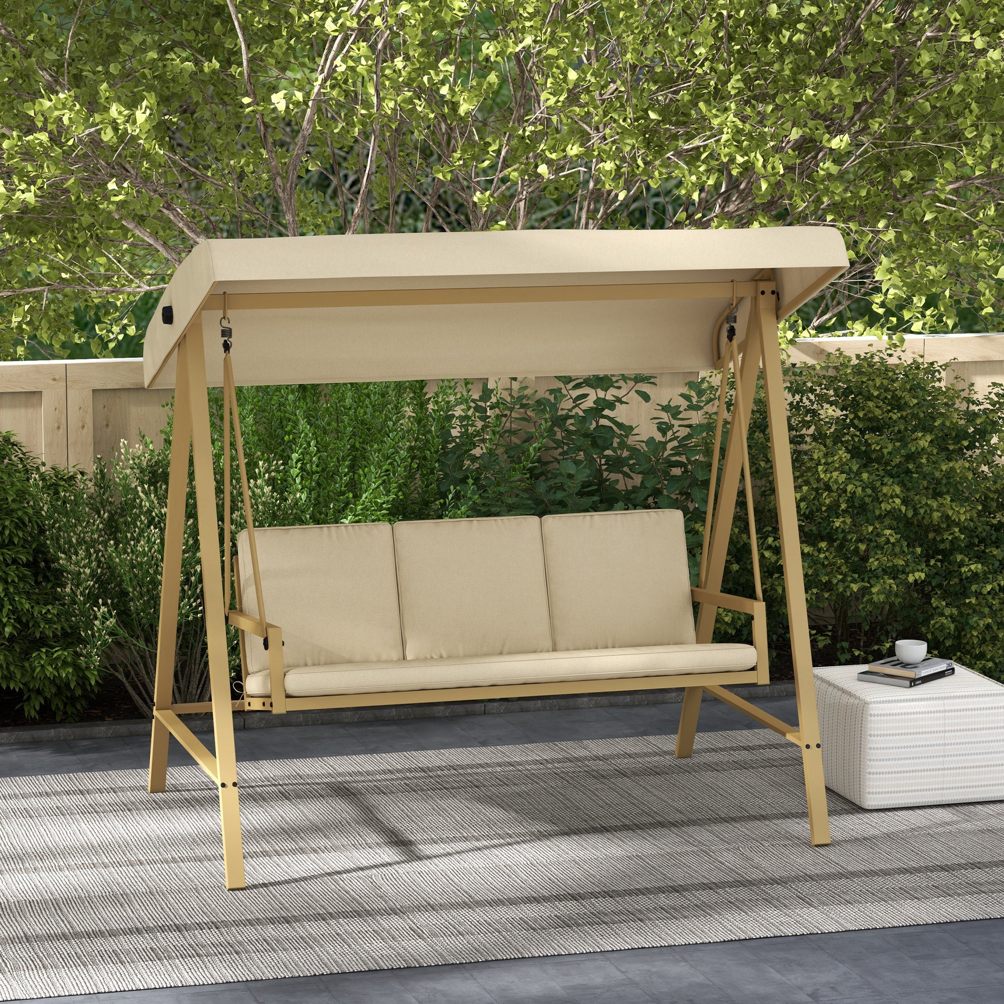 3 Seater Garden Swing Chair, Outdoor Hammock Bench with Adjustable Canopy, Removable Cushions and Steel Frame, Beige