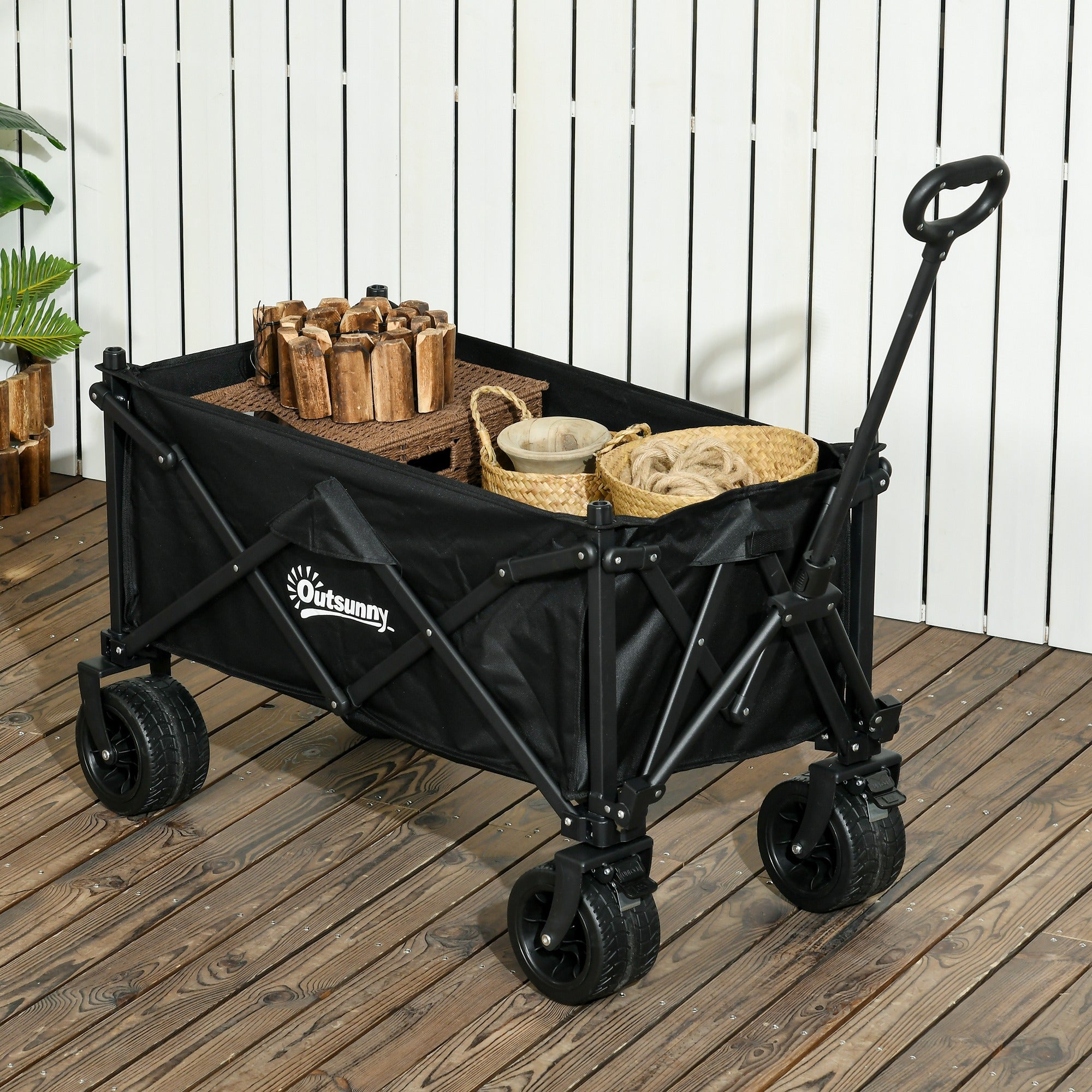 Folding Garden Trolley, Outdoor Wagon Cart with Carry Bag, for Beach, Camping, Festival, 120KG Capacity, Black