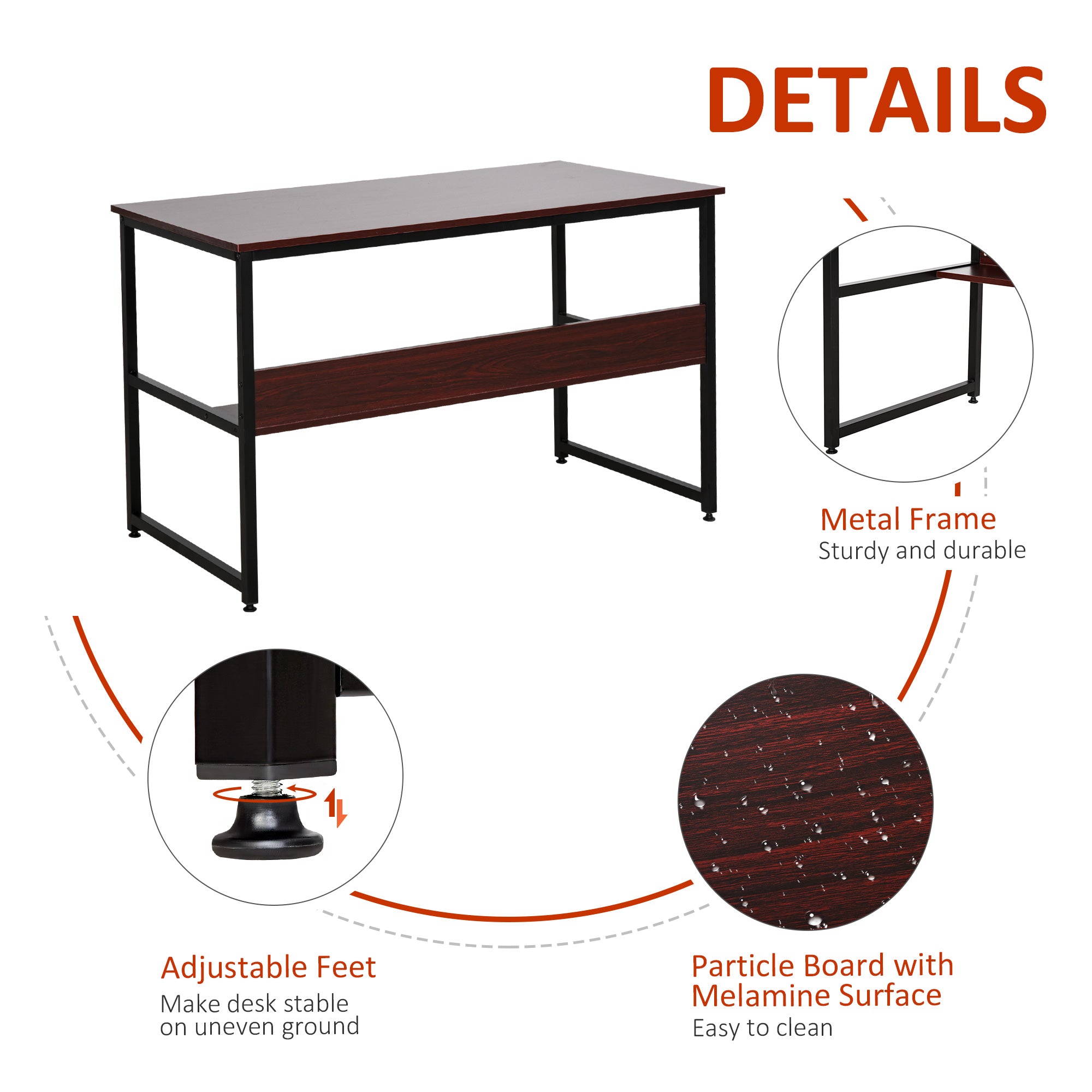 Computer Desk w/Storage Shelf Adjustable Feet Metal Frame Home Office Laptop Study Writing Workstation Table Brown