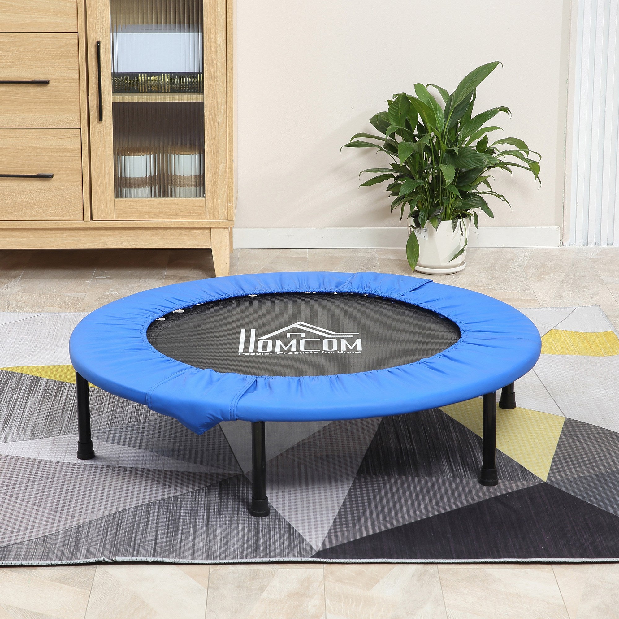 Soozier ?100cm Foldable Mini Fitness Trampoline Home Gym Yoga Exercise Rebounder Indoor Outdoor Jumper w/ Safety Pad, Blue and Black