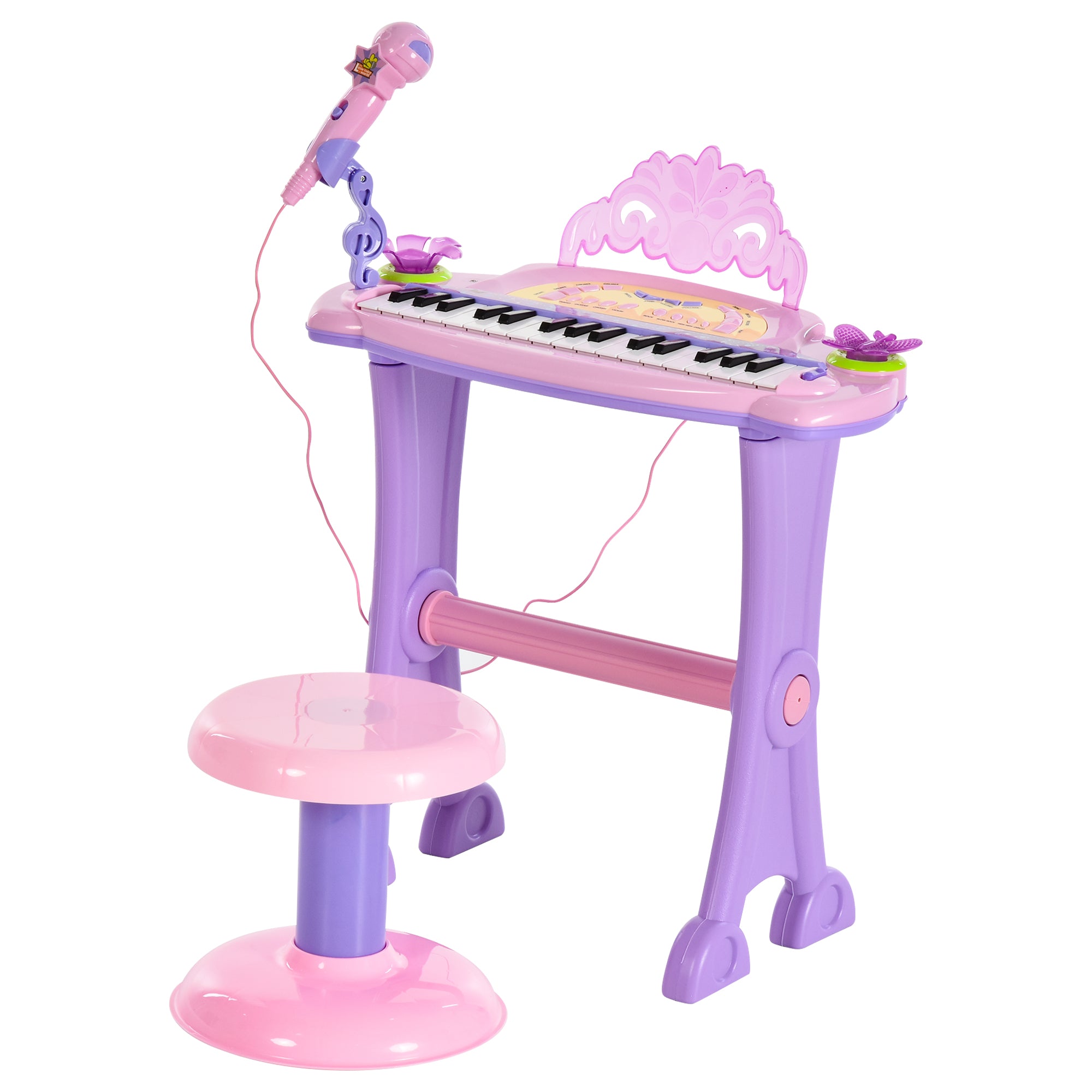 Mini Electronic Organ Piano W/Microphone and Stool-Purple/Pink