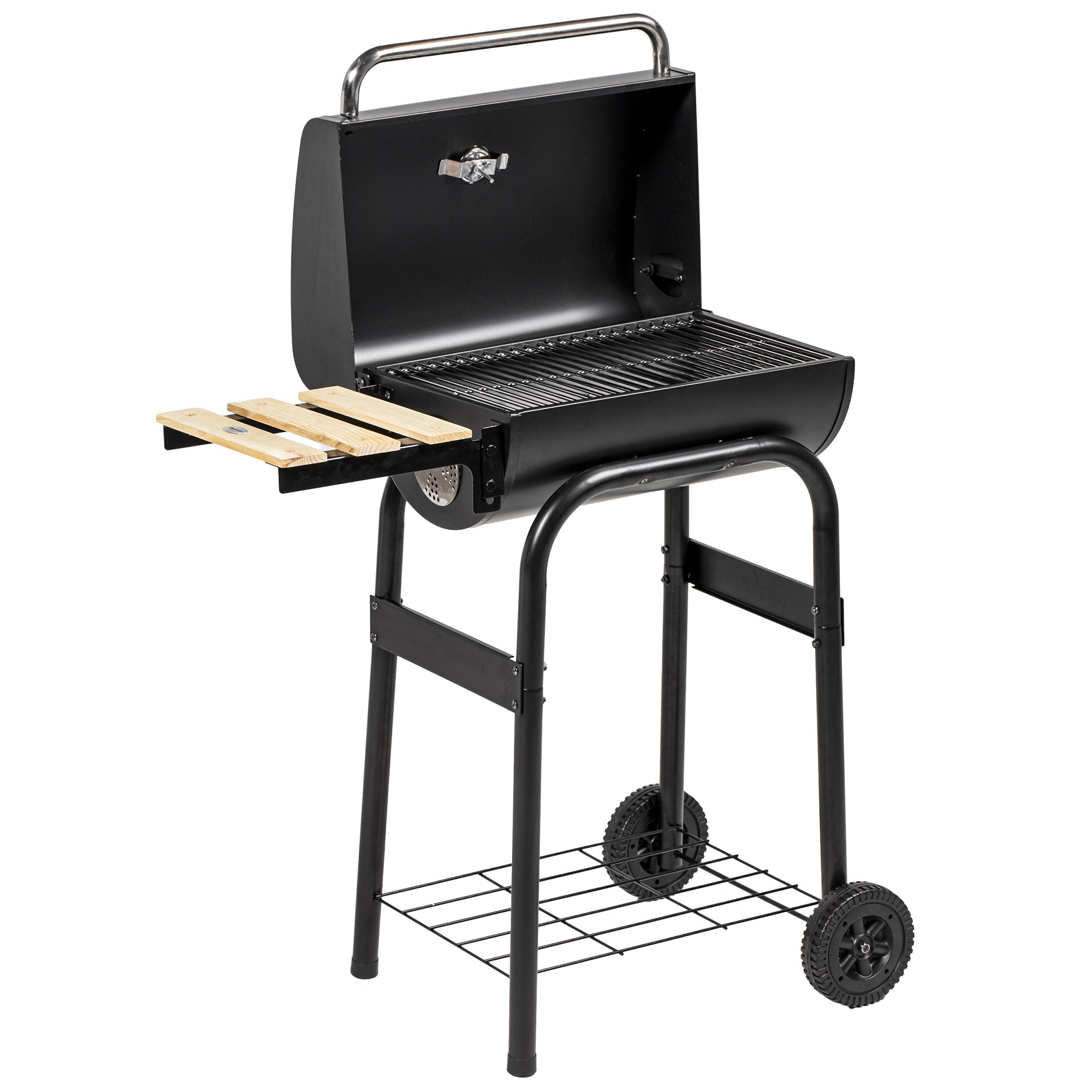 Outdoor Wheeled Charcoal Barbecue Grill Trolley with Shelves, Black