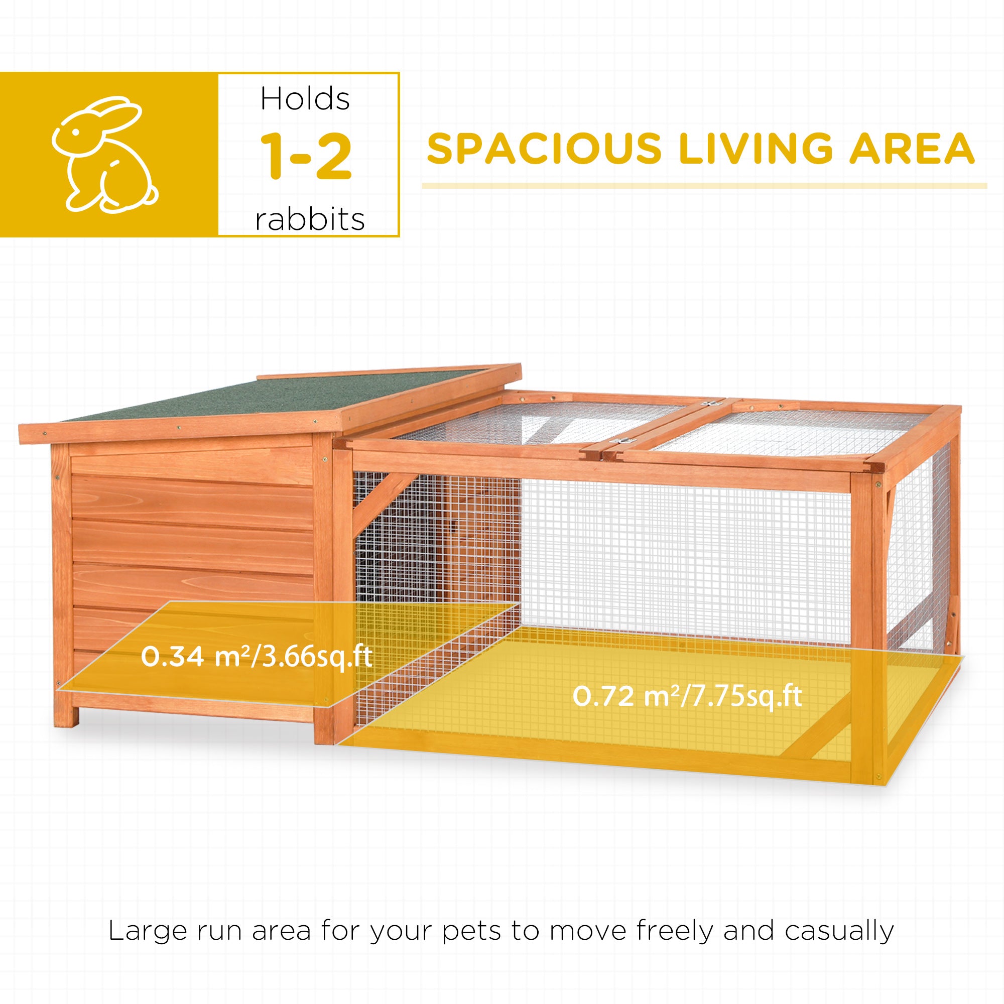 Rabbit Hutch Small Animal Guinea Pig House Off-ground Ferret Bunny Cage Backyard with Openable Main House & Run Roof 125.5 x 100 x 49cm Orange