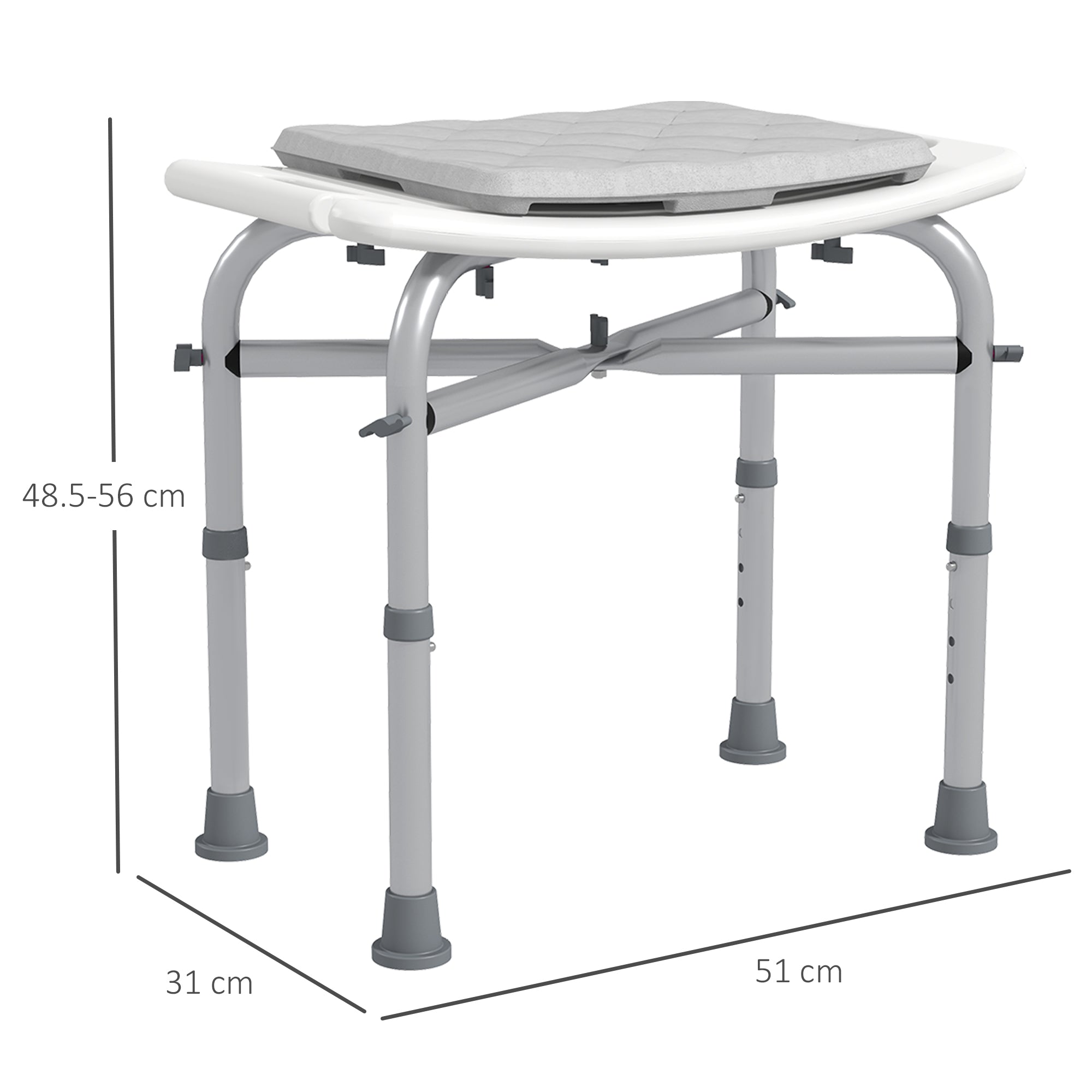 Aluminium Shower Stool for Elderly, Height Adjustable Shower Seat with Removable Padded Cushion, Shower Head Holder, Non-Slip Bath Stool for Seniors, Disabled, Pregnant, White