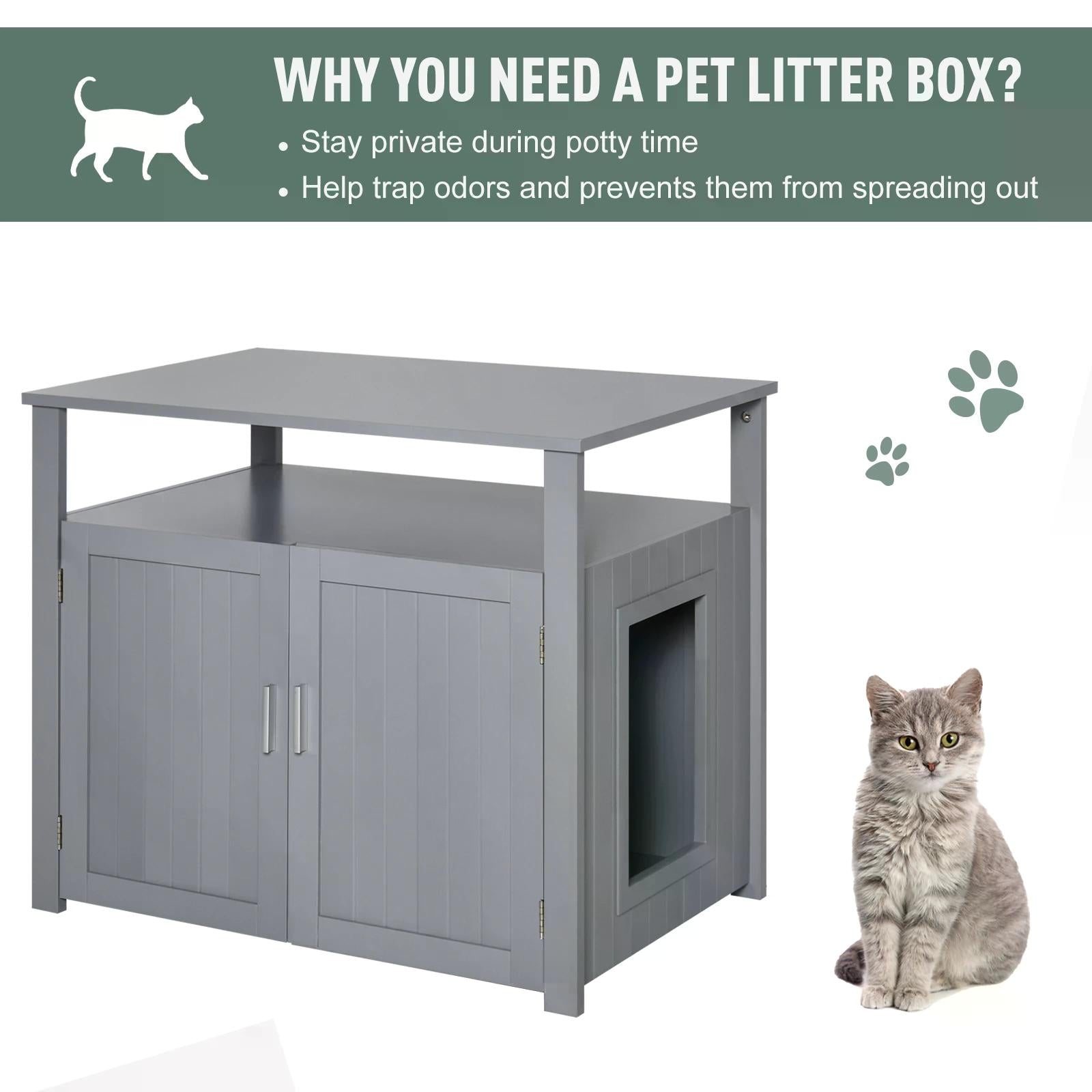 Wooden Cat Litter Box Enclosure Furniture with Adjustable Interior Wall & Large Tabletop for Nightstand, Grey