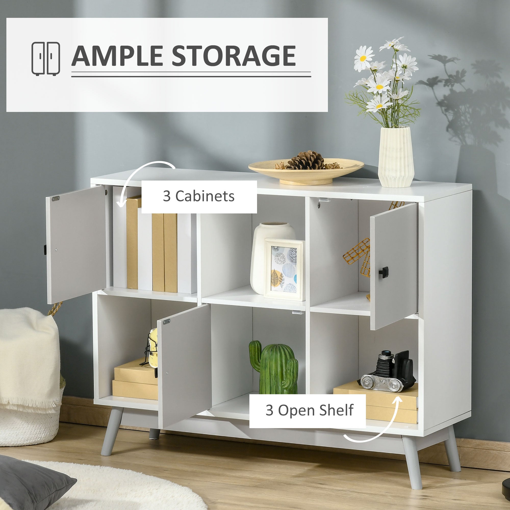 Storage Cabinet, Bookcase, Display Shelf with 6 Storage Cubes & Doors for Dining Room, Living Room, Grey