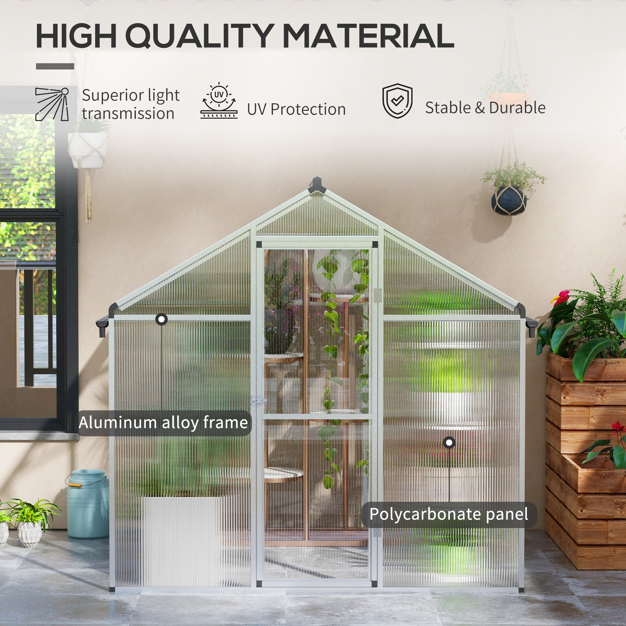 6 x 6ft Polycarbonate Greenhouse with Rain Gutters, Large Walk-In Green House with Window, Garden Plants Grow House with Aluminium