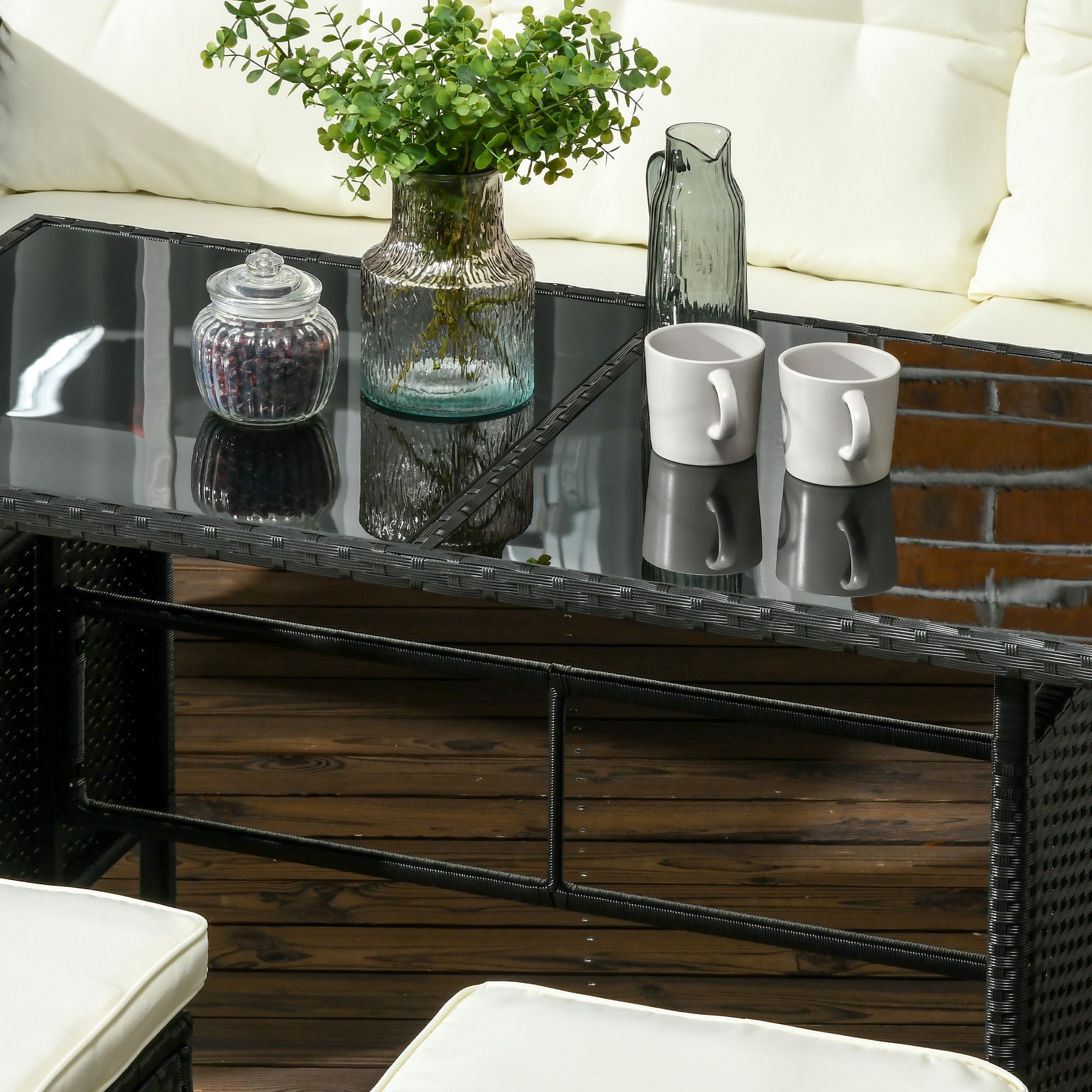 6 Piece Rattan Garden Furniture Set with Cushions and Glass Table - Black