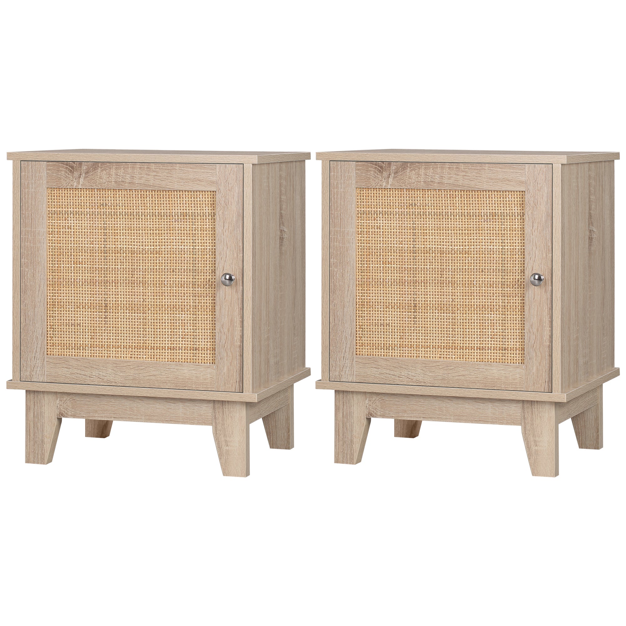 Bedside Table, Bedside Cabinet with Storage Cupboard, Side End Table with Rattan Element for Living Room, Bedroom, Set of 2, Natural