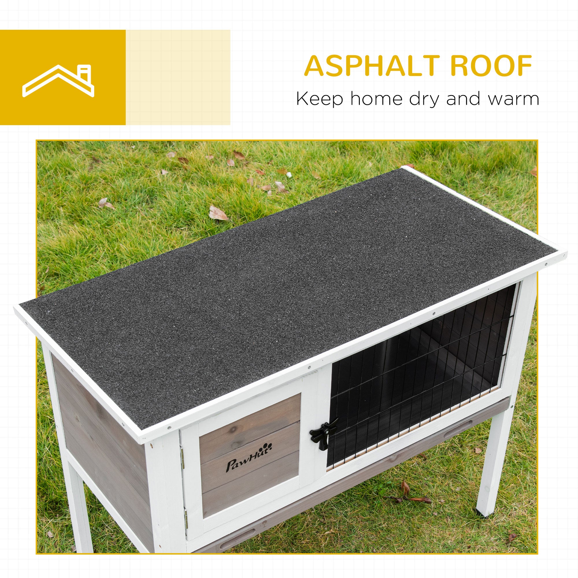 Elevated Wooden Rabbit Hutch, Indoor/Outdoor Bunny Cage with Hinged Asphalt Roof and Removable Tray for Guinea Pig, Brown