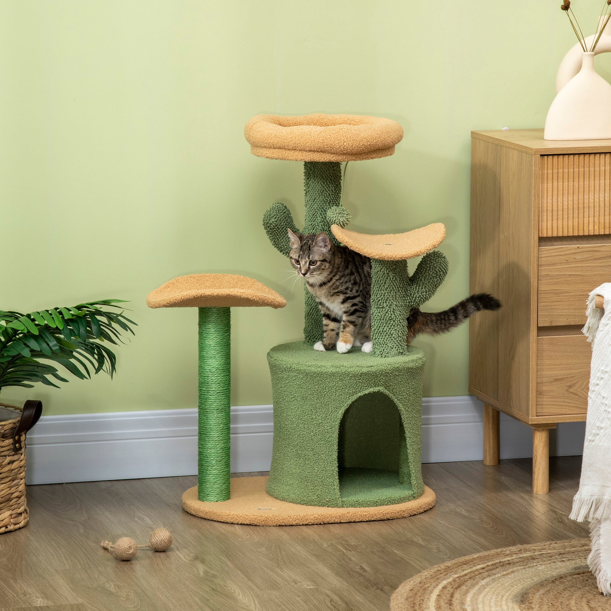 Cactus Cat Tree, 83cm Cat Climbing Tower, kitten Activity Centre with Teddy Fleece House, Bed, Sisal Scratching Post and Hanging Ball, Green