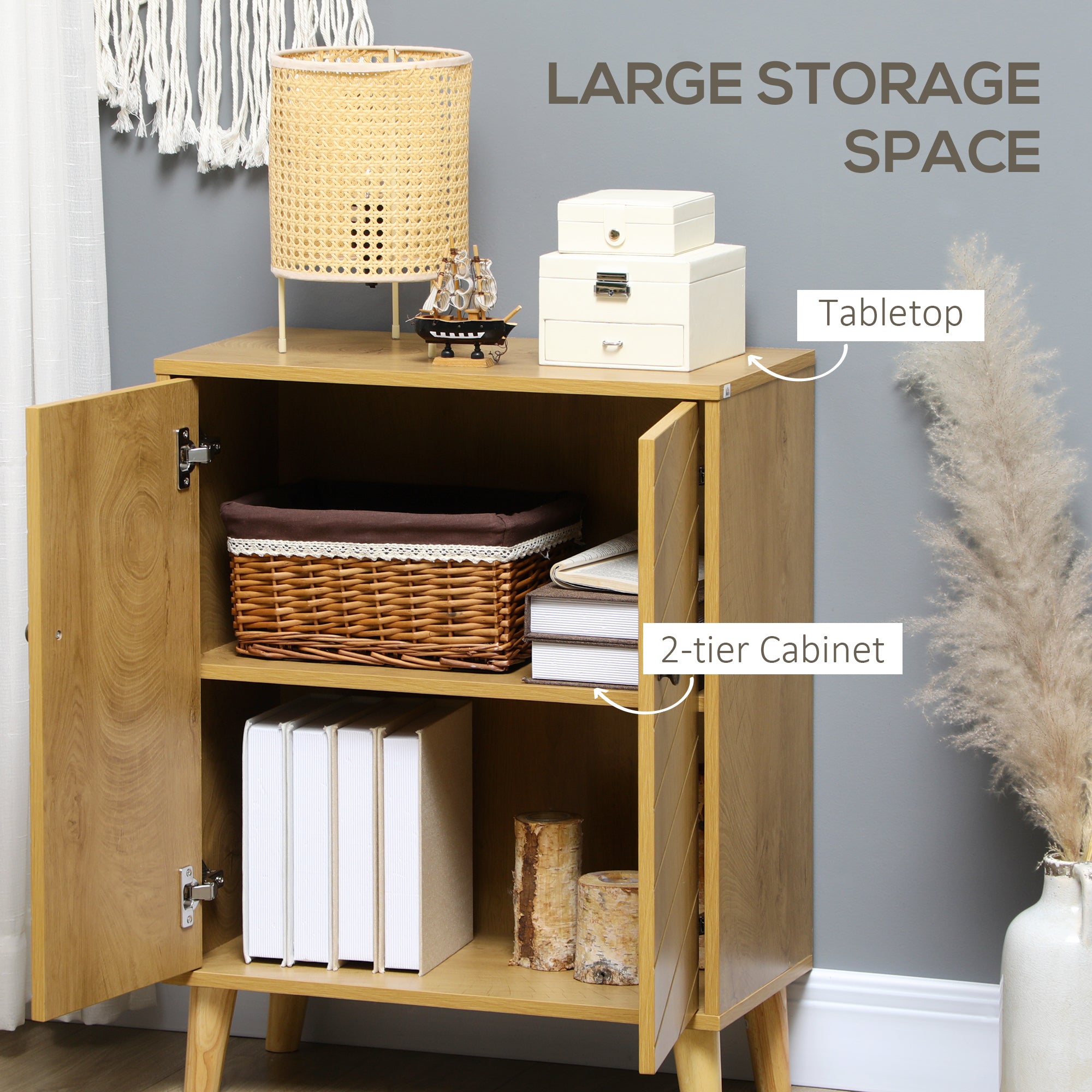 Vintage Storage Cabinet with Double Chevron Doors and Pine Wood Legs - Natural Wood Effect