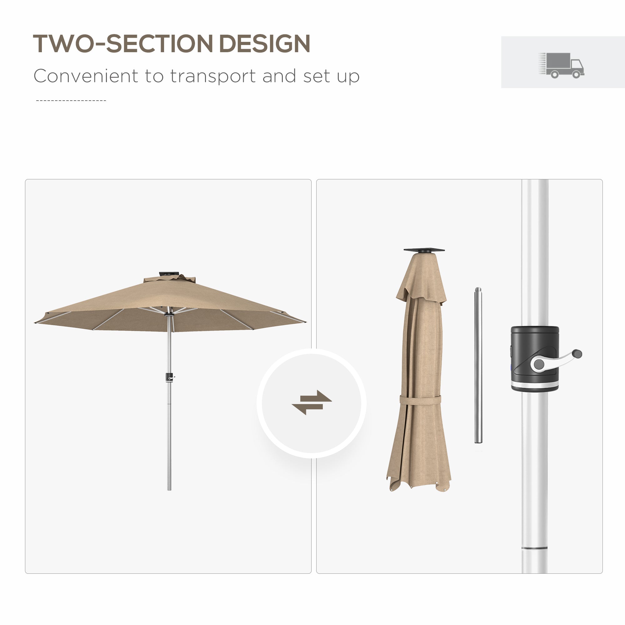 LED Patio Umbrella, Lighted Deck Umbrella with 4 Lighting Modes, Solar & USB Charging, Khaki